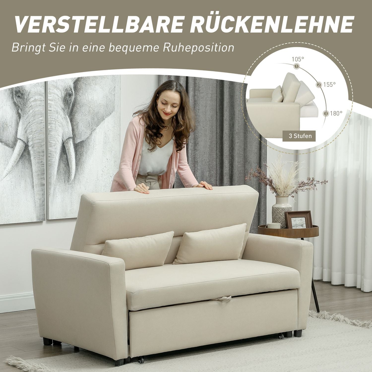 Bäddsoffa i sammetslook, 2-sits, justerbar, beige