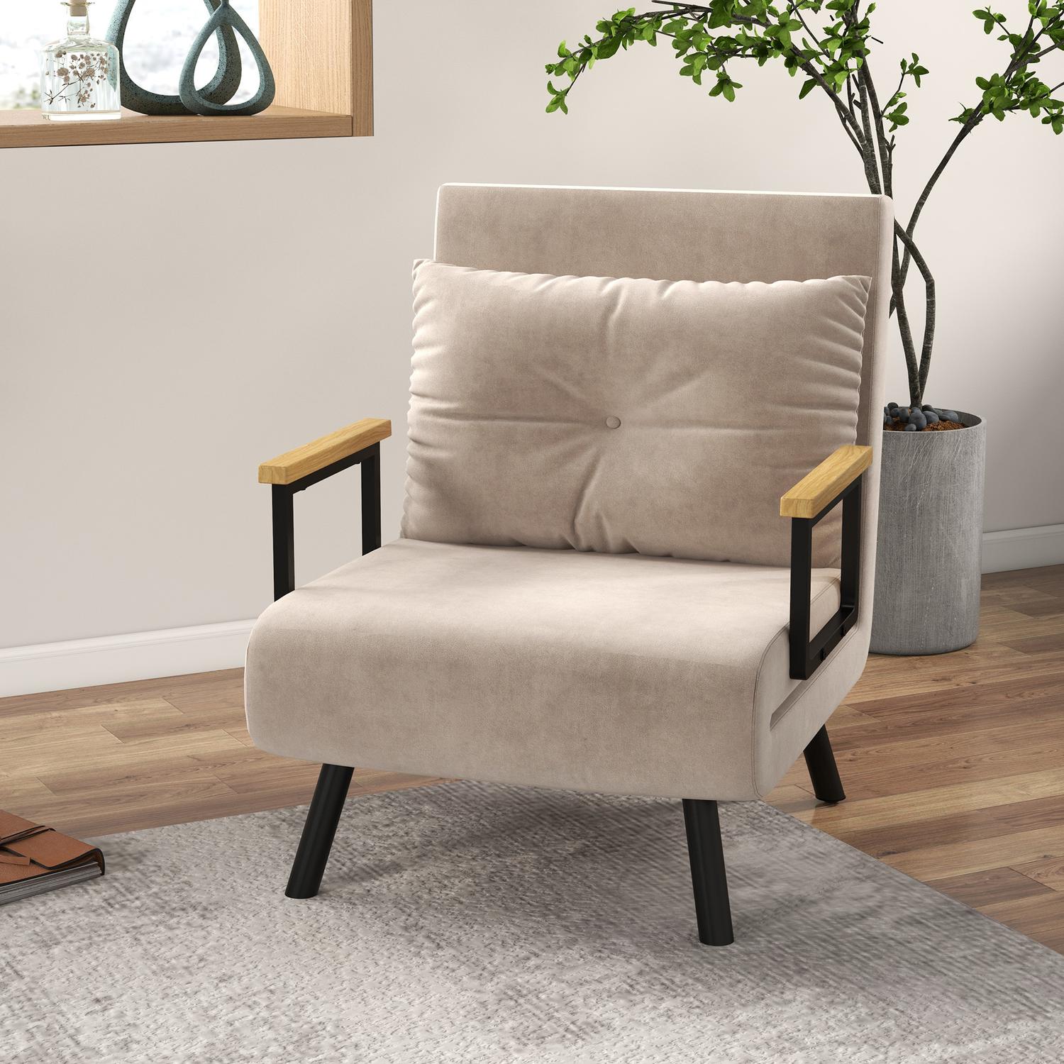 Bäddsoffa med justerbart ryggstöd, sammetslook, beige