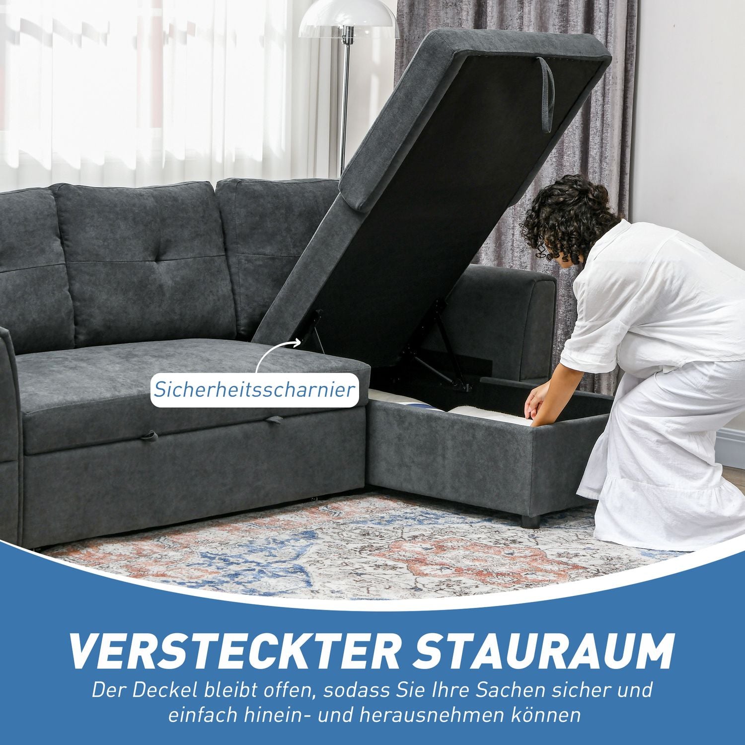 Bäddsoffa med schäslong, 3-sits, mörkgrå