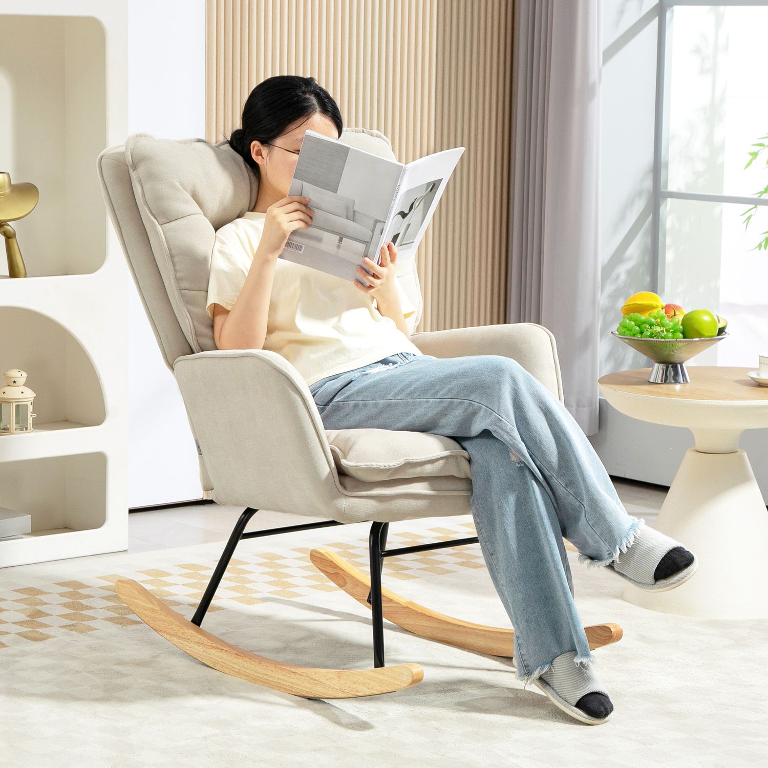 Beige Chenille-Look gungstol, 120 kg Kapacitet, för sovrum