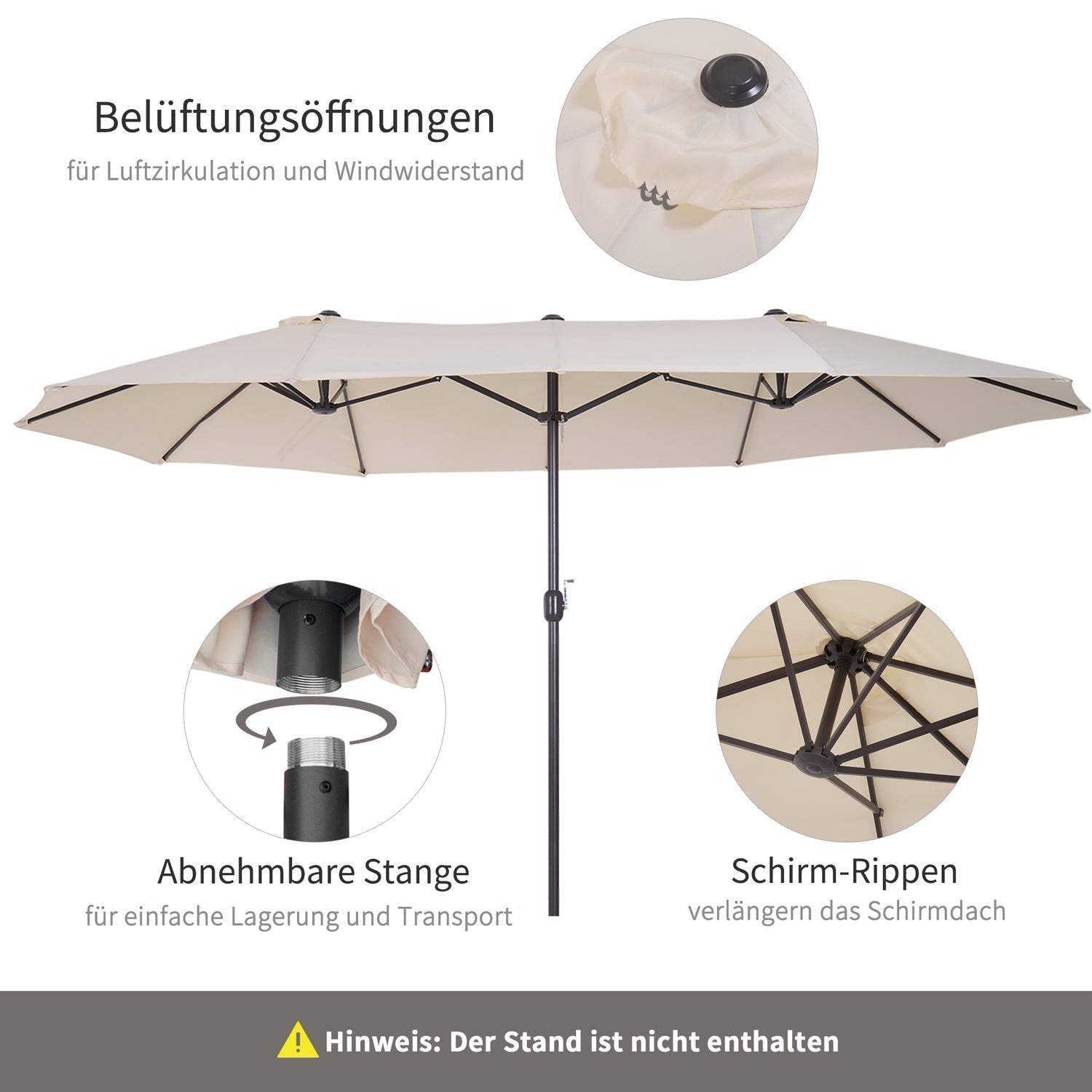 Beige Oval Dubbel Trädgårdsparasoll med Handvev, 455x270 cm