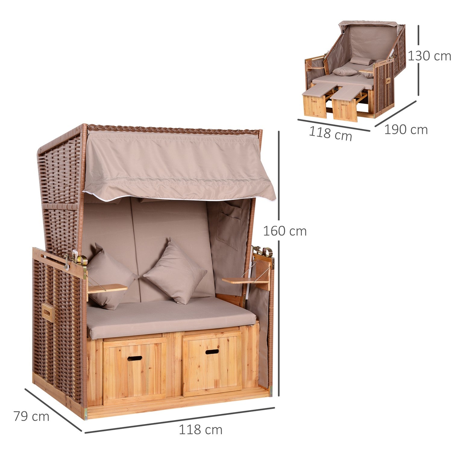 Beige PE rotting strandstolset med pall & bord, 118x79x160 cm