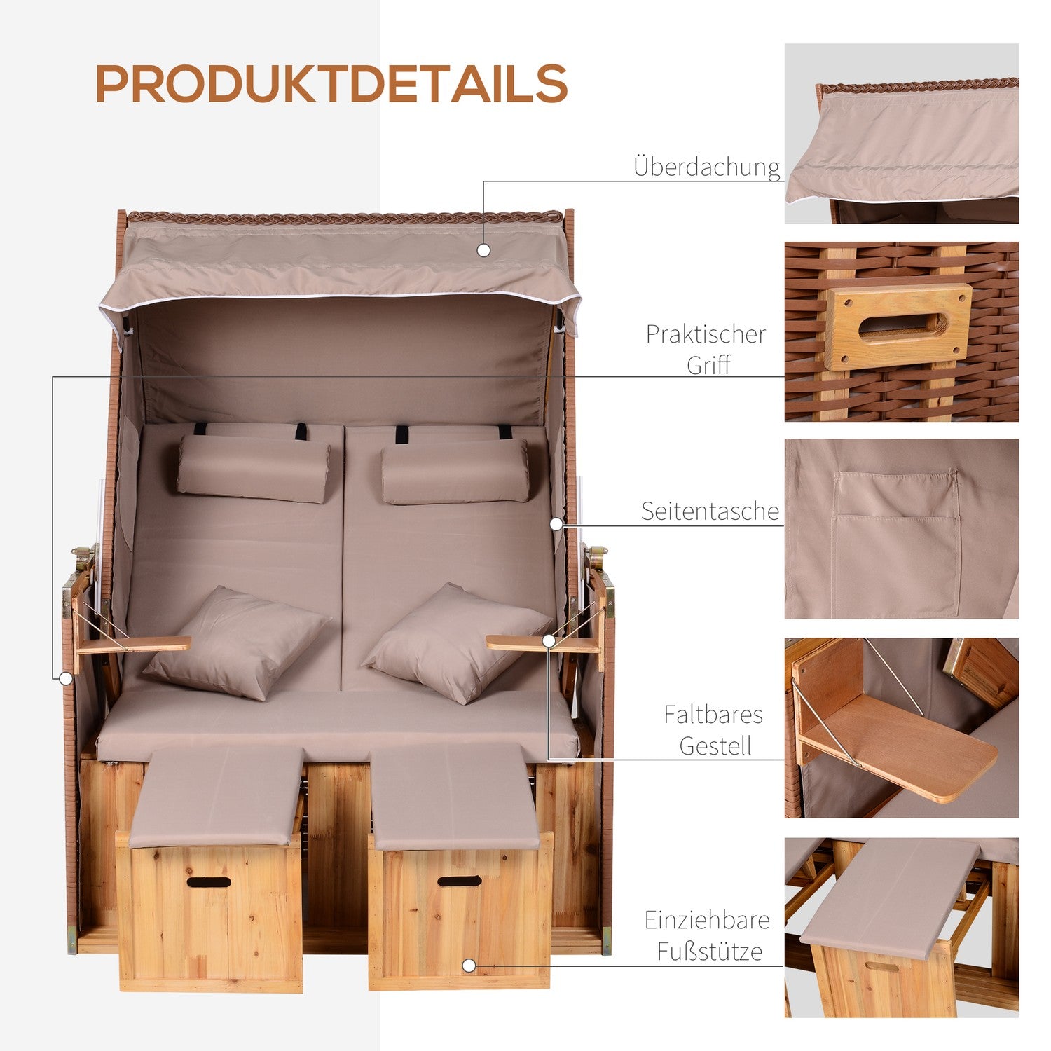 Beige PE rotting strandstolset med pall & bord, 118x79x160 cm