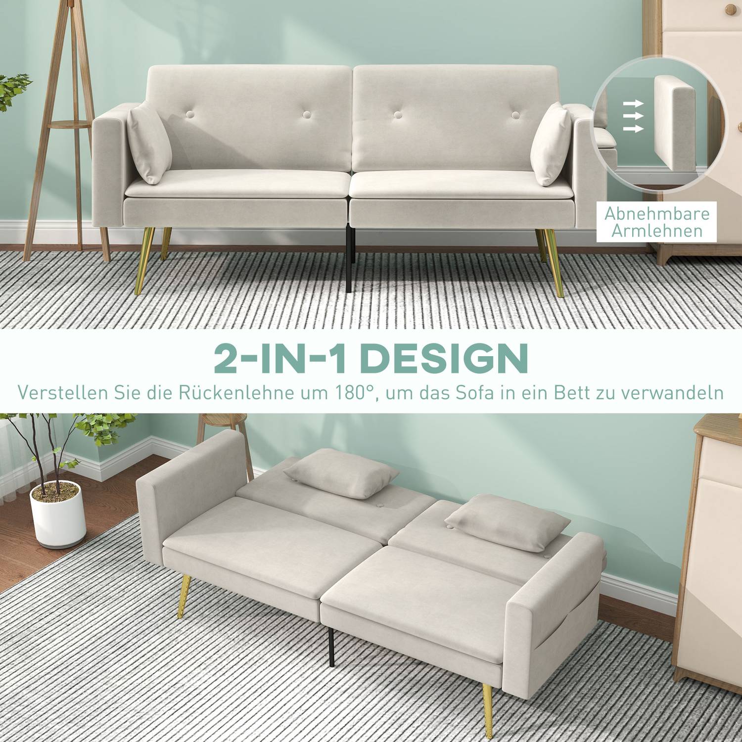 Beige bäddsoffa, 2-sits med justerbart ryggstöd & ficka