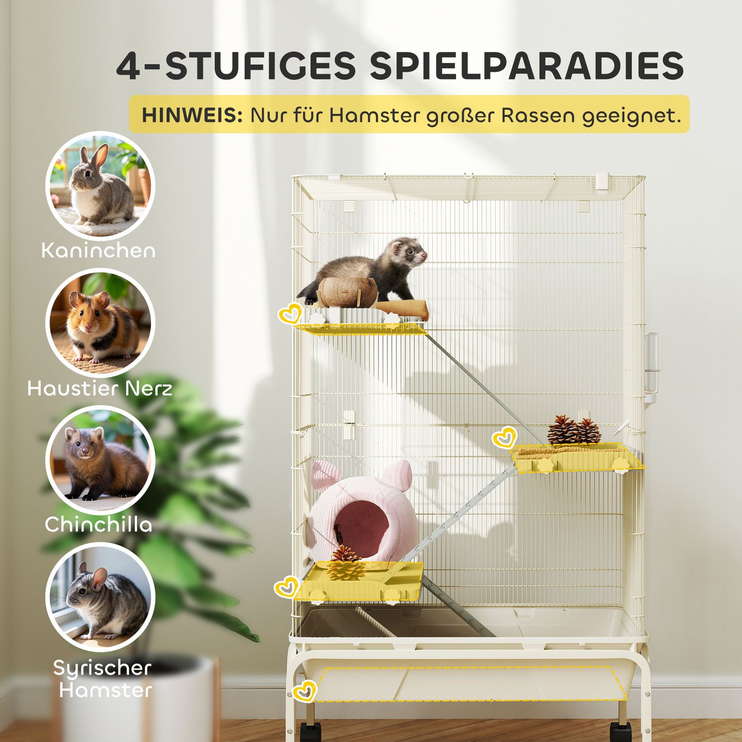 Beige bur för smådjur med tillbehör och utdragbar bricka