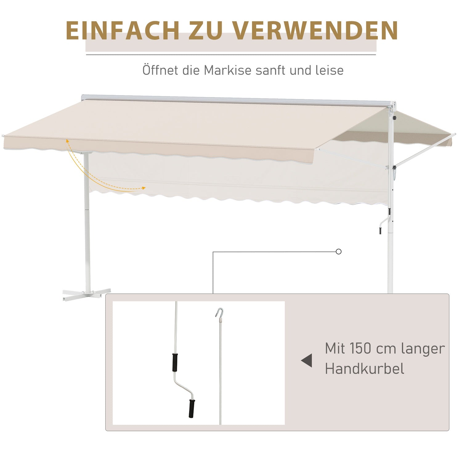 Beige hopfällbar uteplatsmarkis, vevmanövrerad, 4,5x3,4M