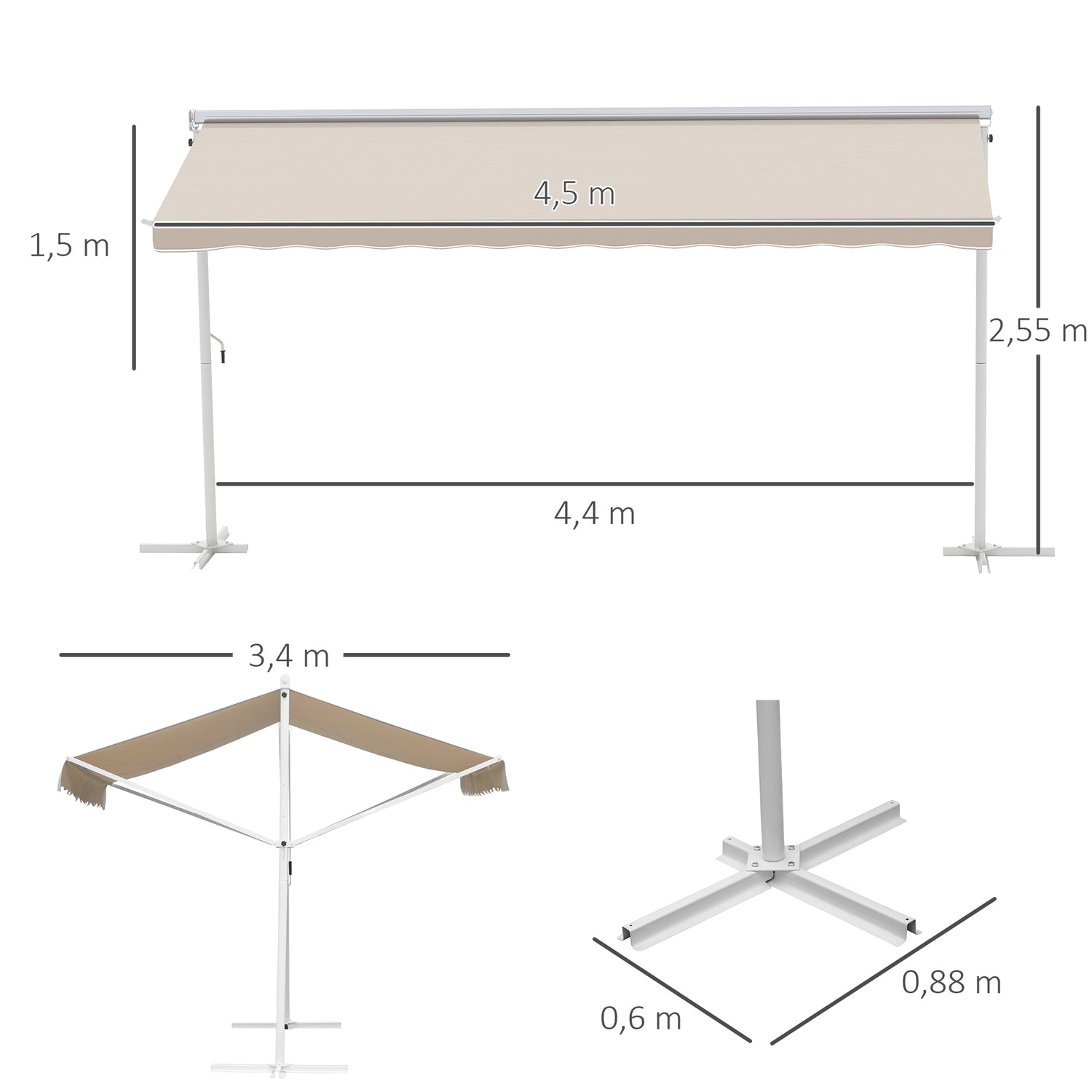 Beige hopfällbar uteplatsmarkis, vevmanövrerad, 4,5x3,4M