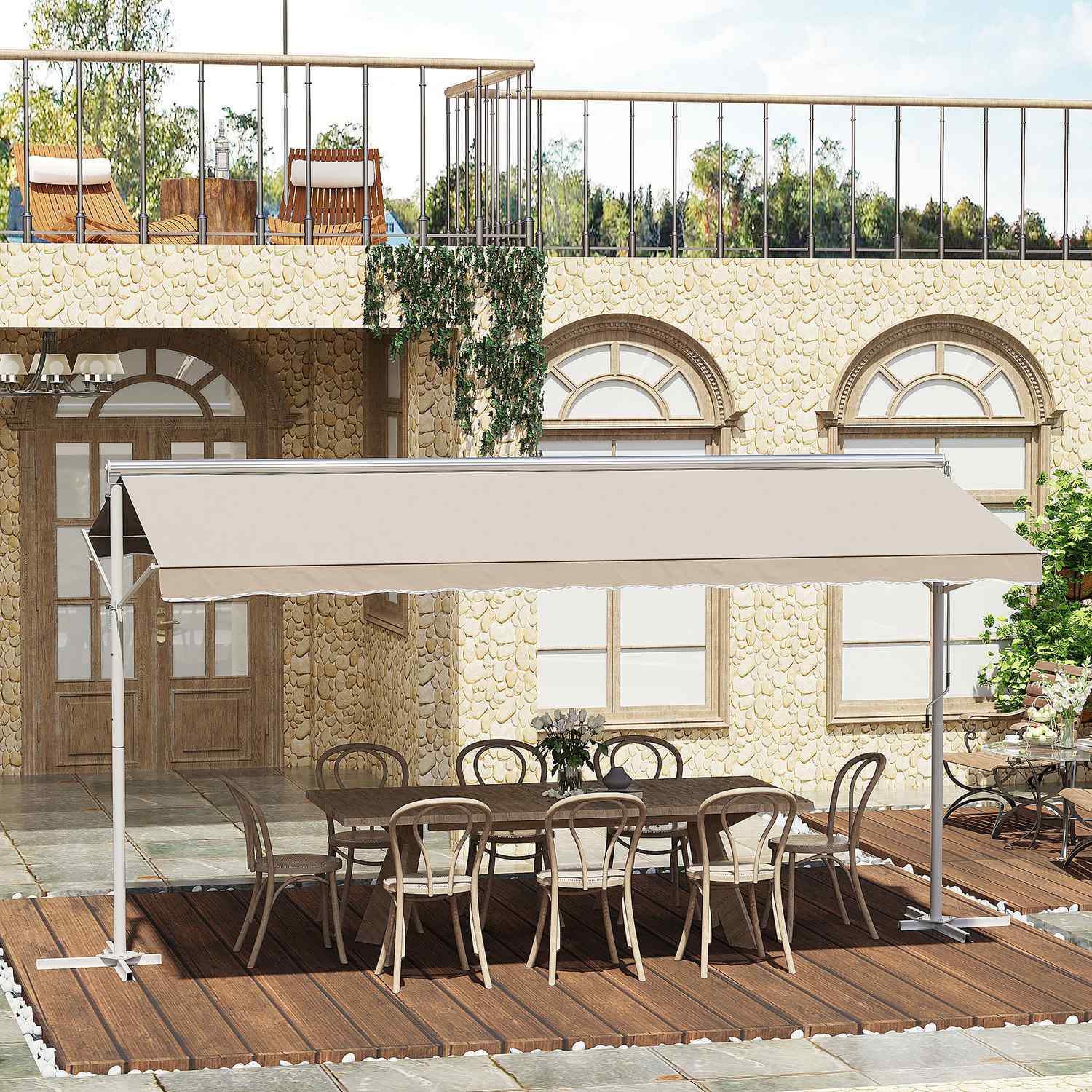 Beige hopfällbar uteplatsmarkis, vevmanövrerad, 4,5x3,4M
