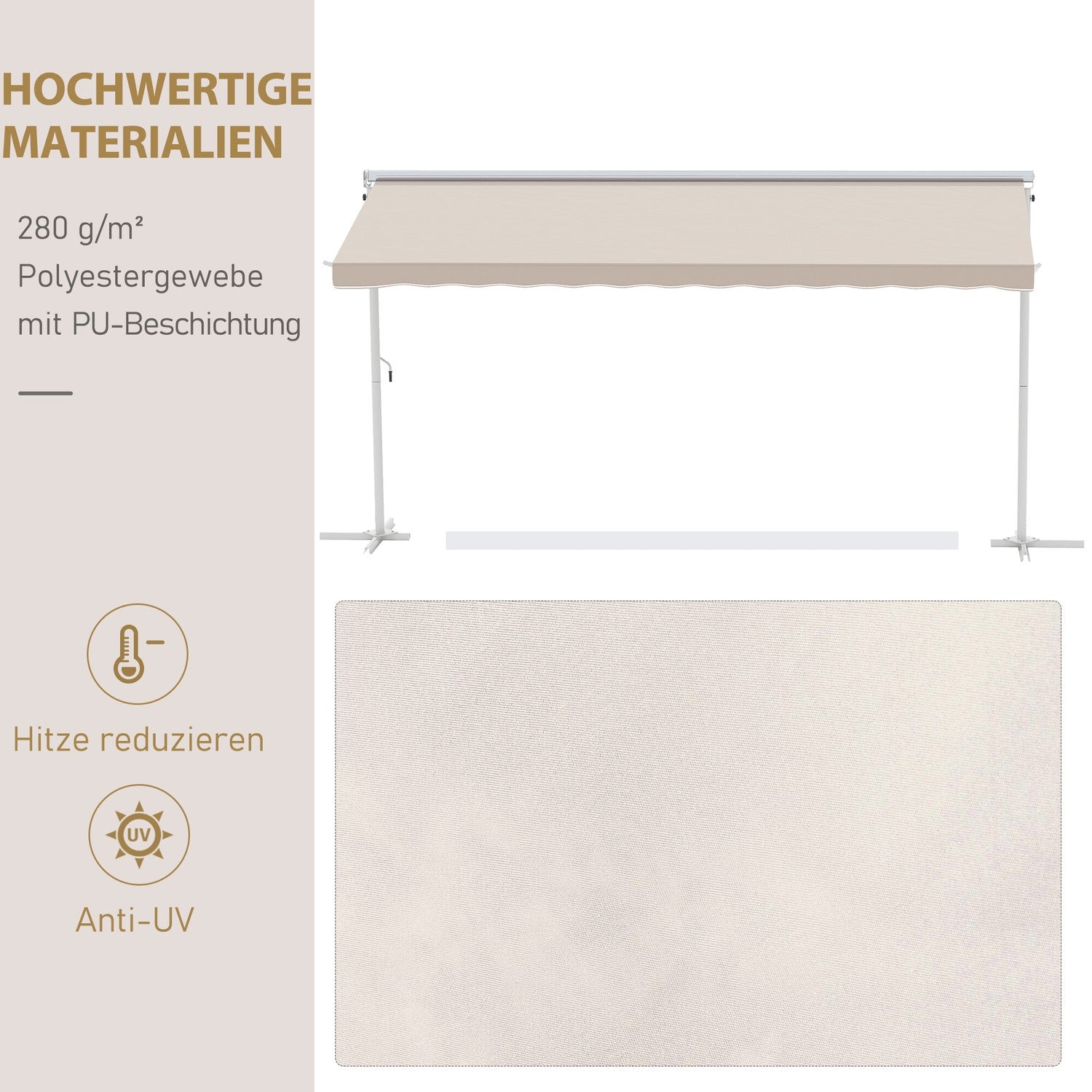 Beige hopfällbar uteplatsmarkis, vevmanövrerad, 4,5x3,4M