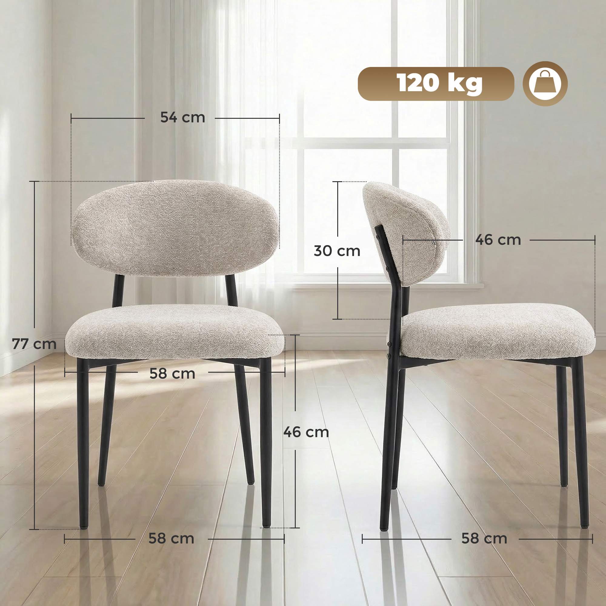 Beige matstolar set om 2 med stoppade sitsar och stålben