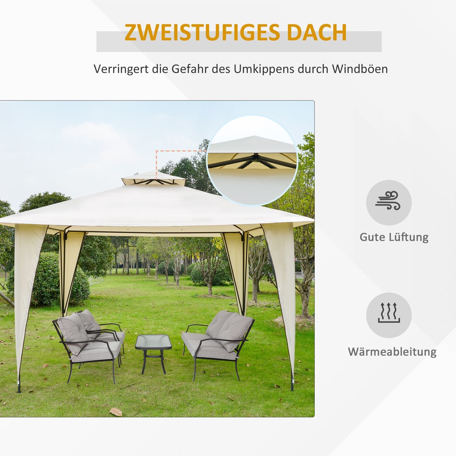 Beige metall polyester paviljongtält, dubbeltak 3,45m