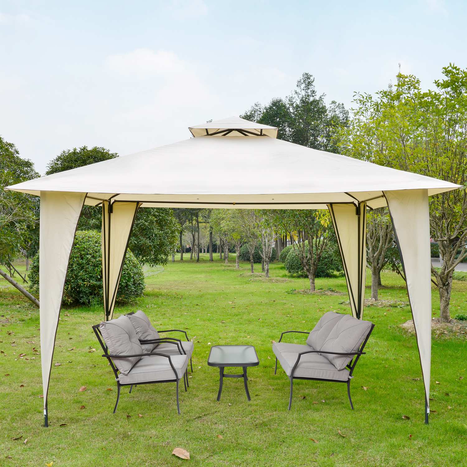 Beige metall polyester paviljongtält, dubbeltak 3,45m