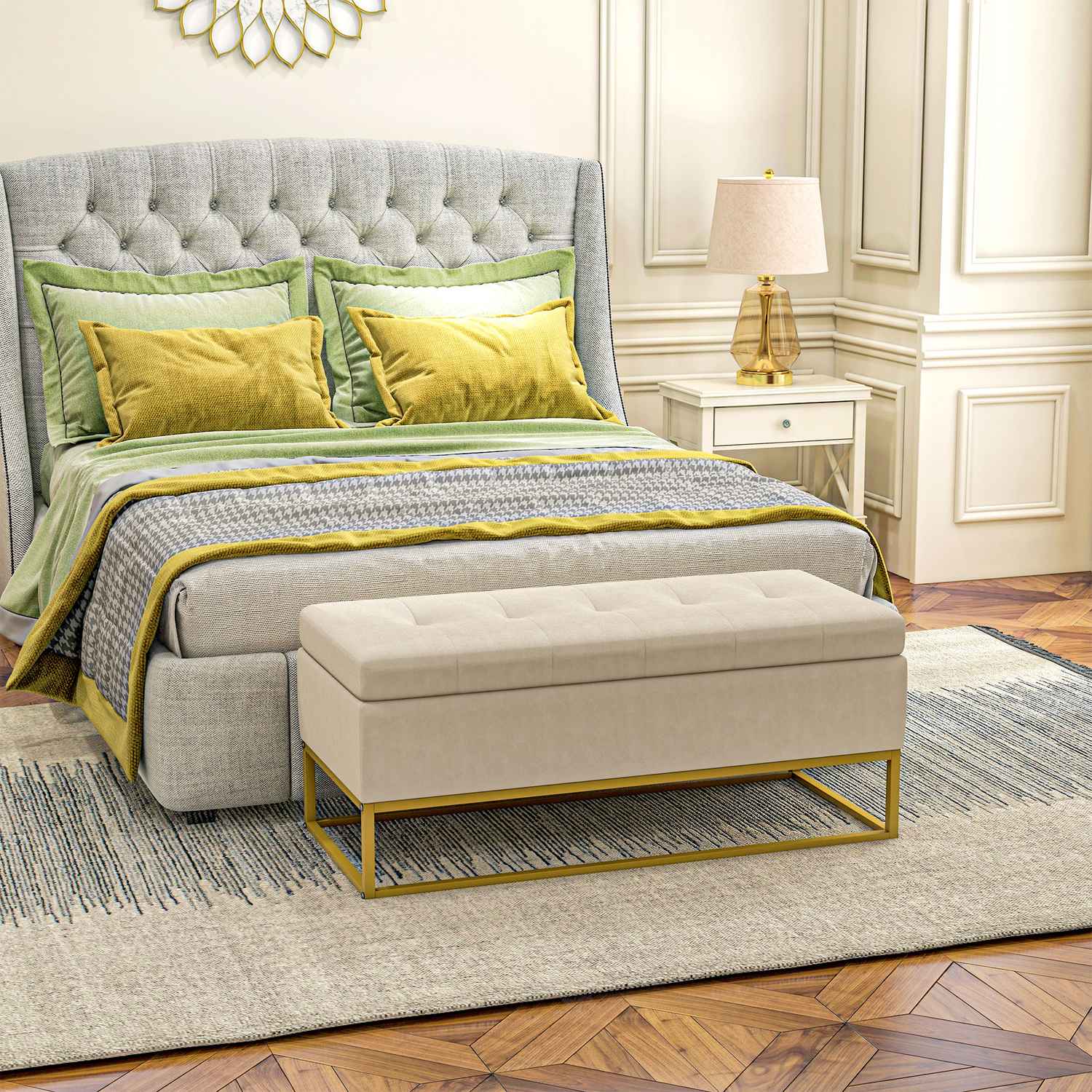 Beige stoppad förvaringsbänk med stålben, 110cm