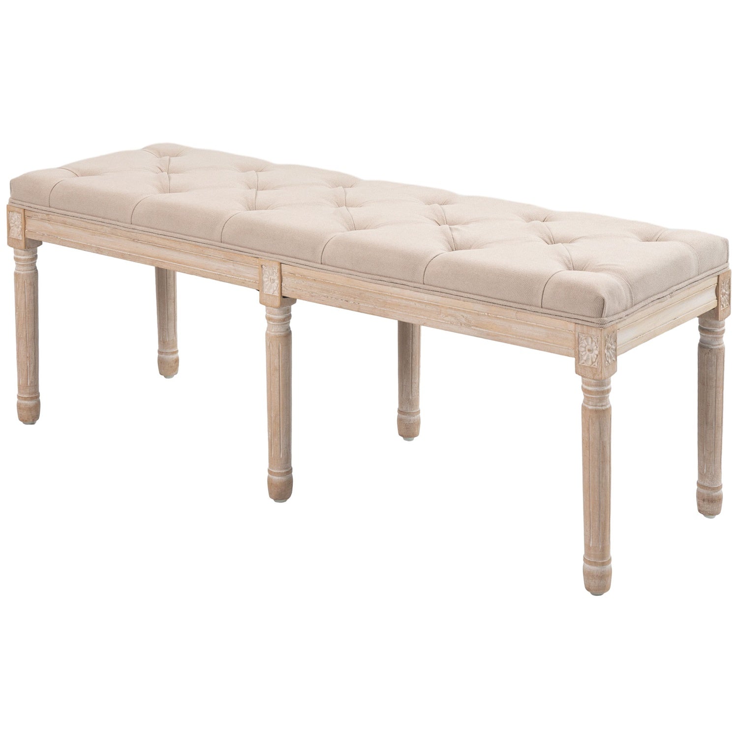 Beige stoppad vintagebänk, linnelook, 117x40x48Cm