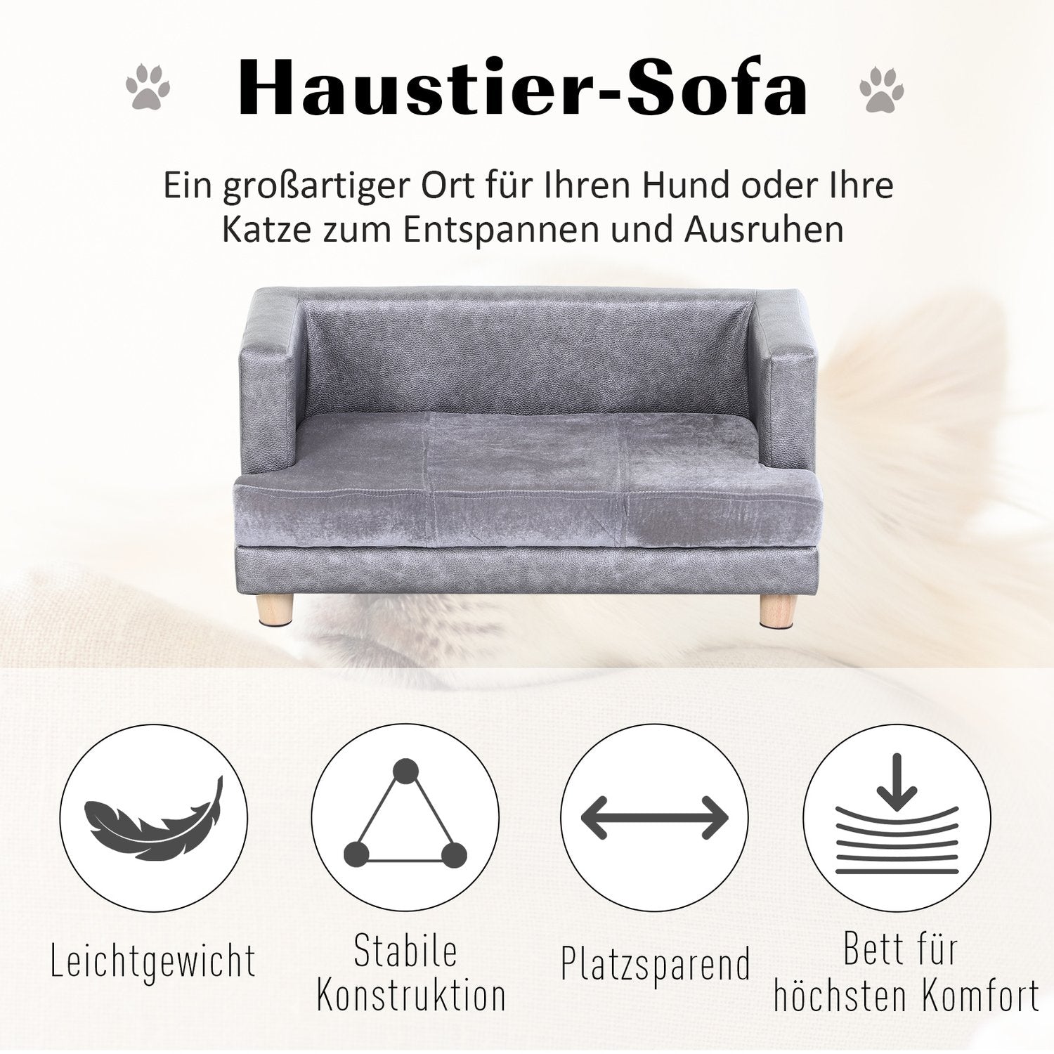 Bekväm grå husdjurssoffa, konstläder och plysch, 68x41x32 cm