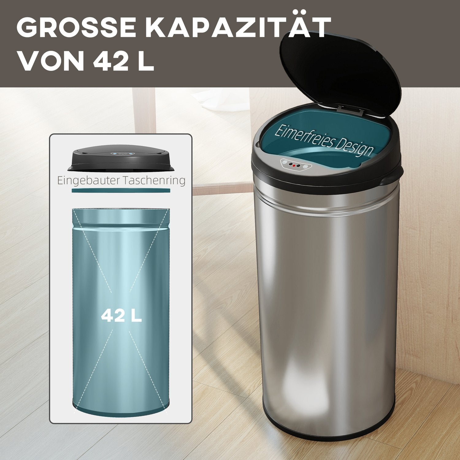 Beröringsfri 42L rostfri papperskorg med sensor