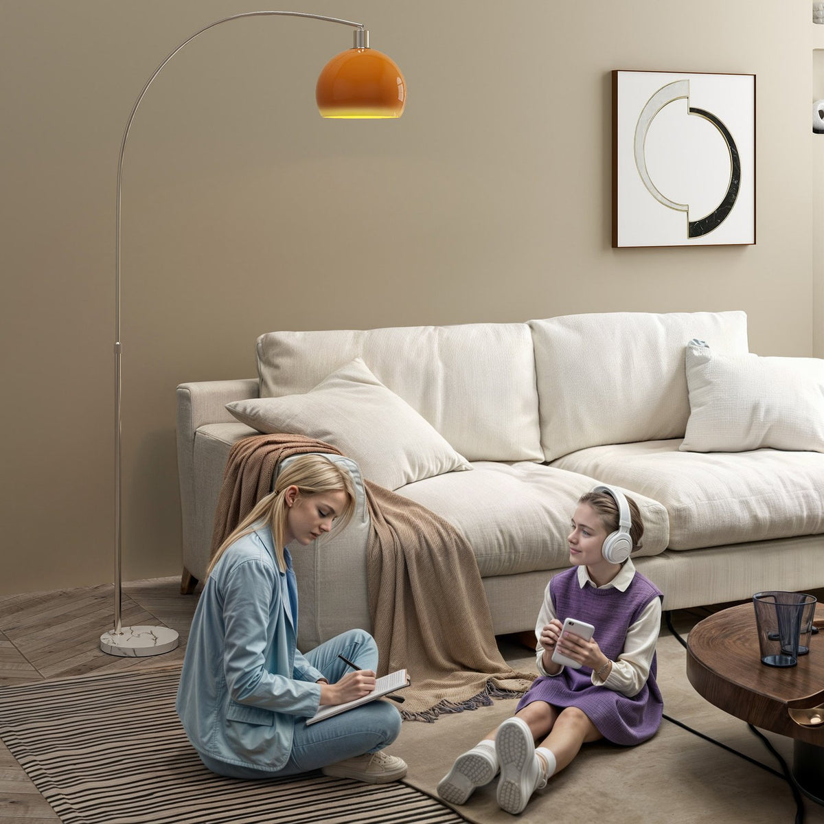 Oblouková stojací lampa s nožním spínačem, mramorová základna, bílá/oranžová