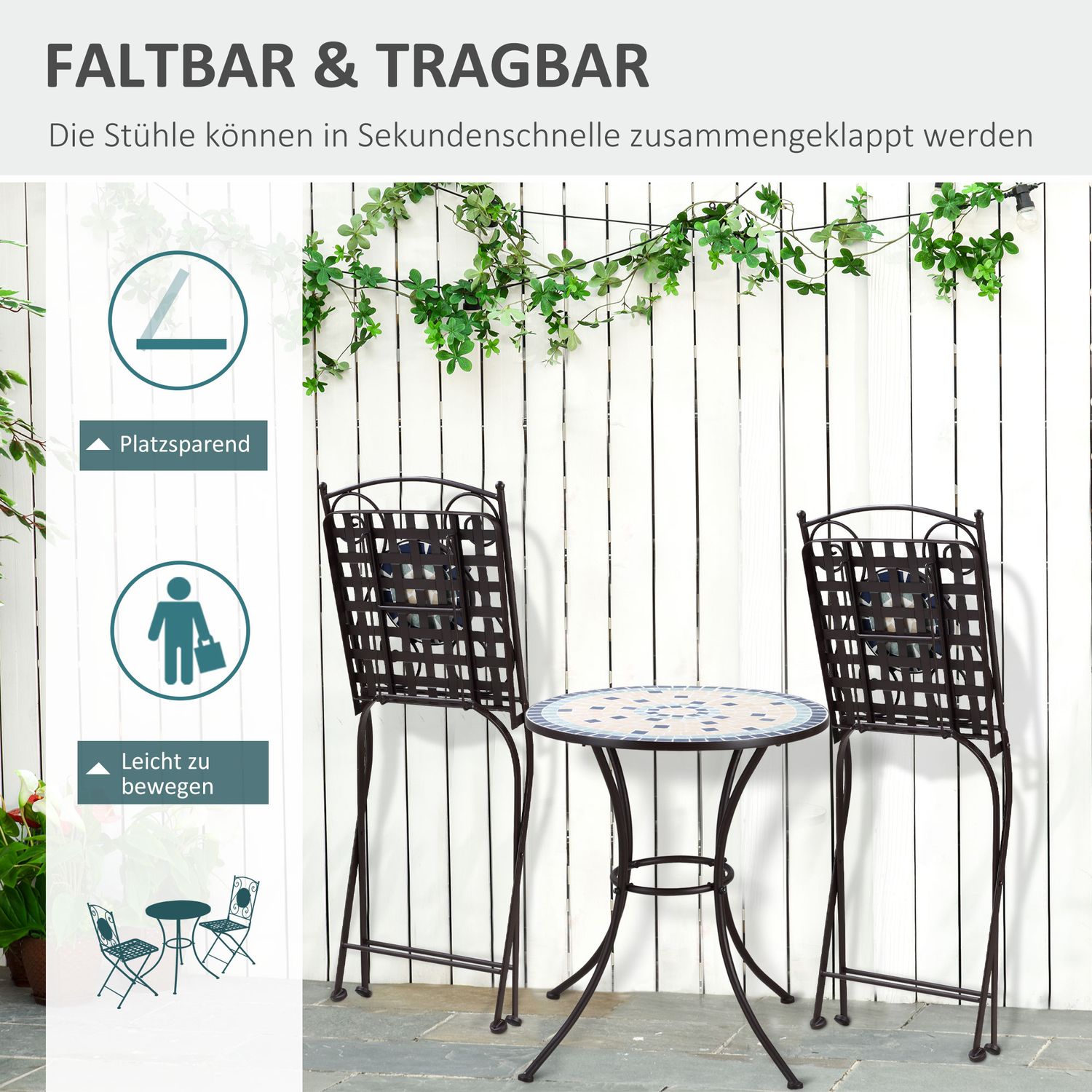 Bistro bordsset för 2, mosaiksten, väderbeständig