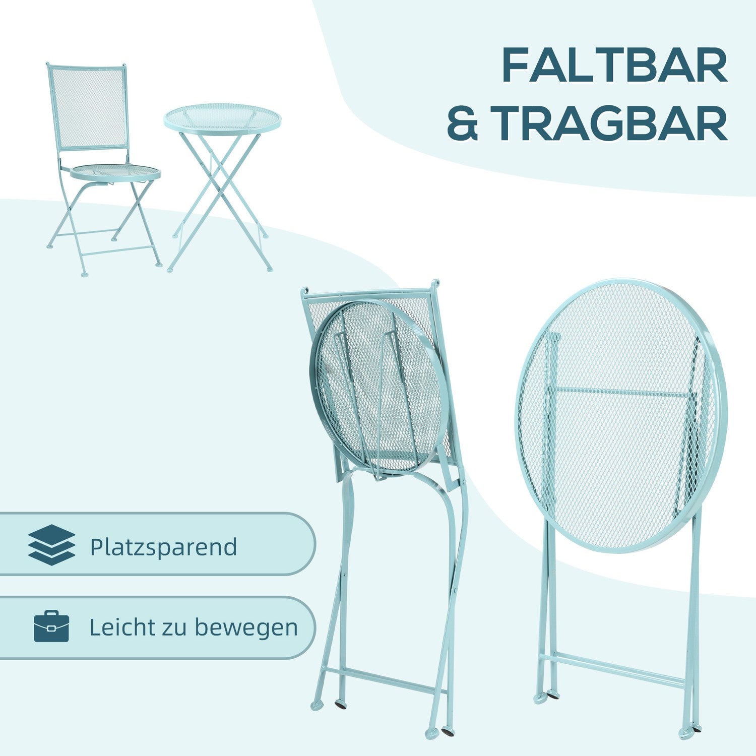 Bistroset för 2, fällbara stolar och bord i metall, blå