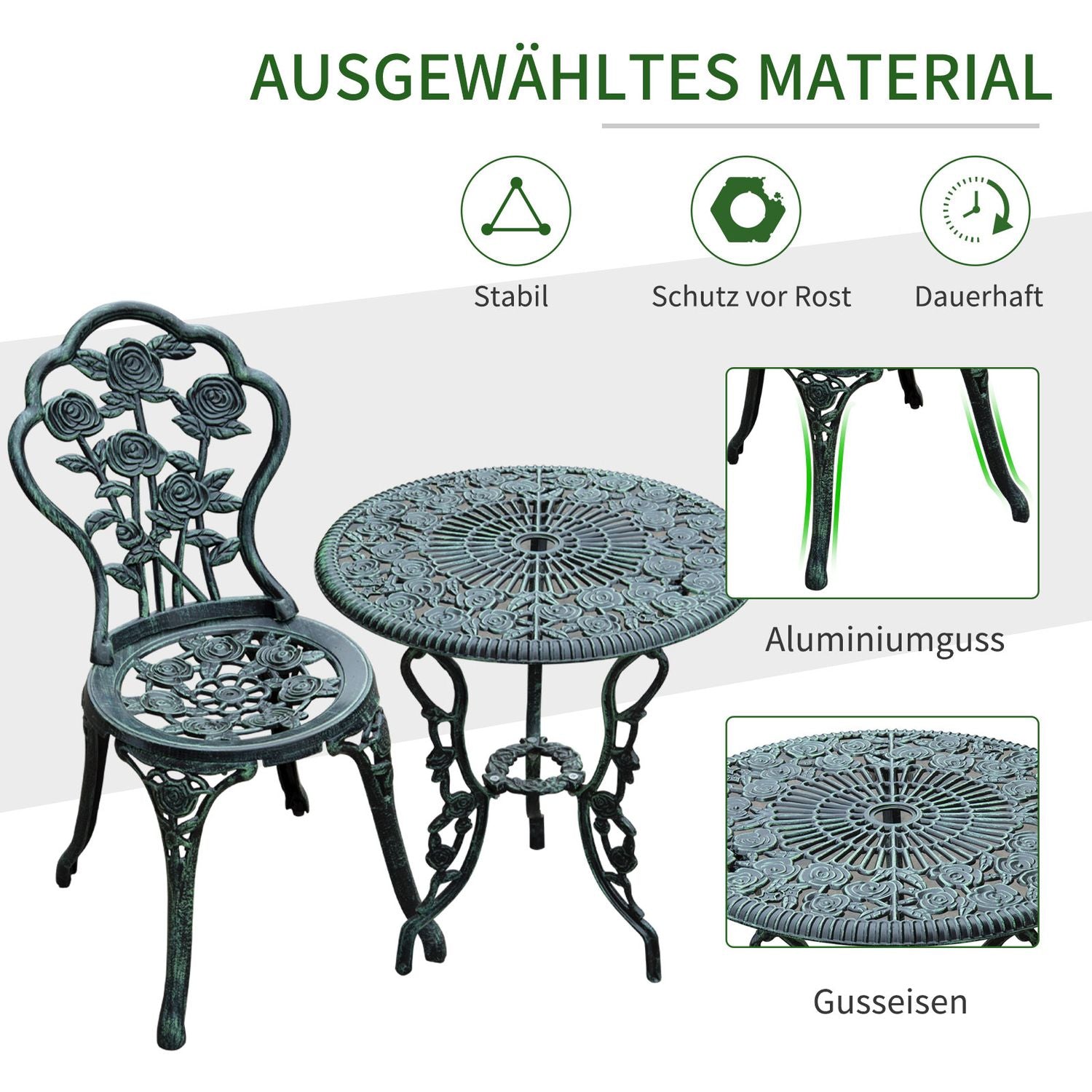 Bistroset i 3 delar av gjuten aluminium – antika gröna trädgårdsmöbler