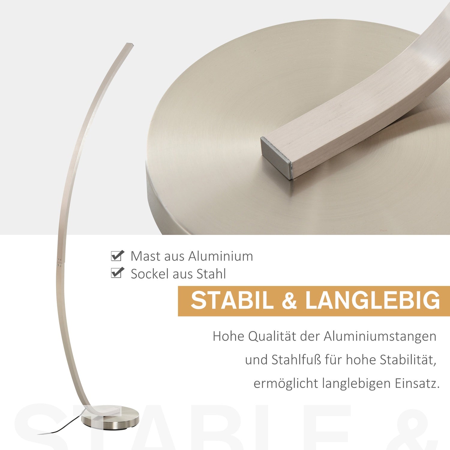 Böjd LED-golvlampa – varmvit, aluminium, 149 cm