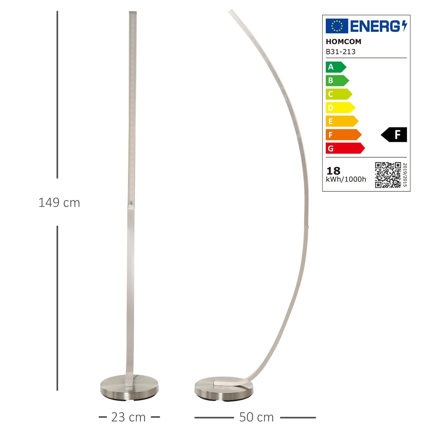 Böjd LED-golvlampa – varmvit, aluminium, 149 cm