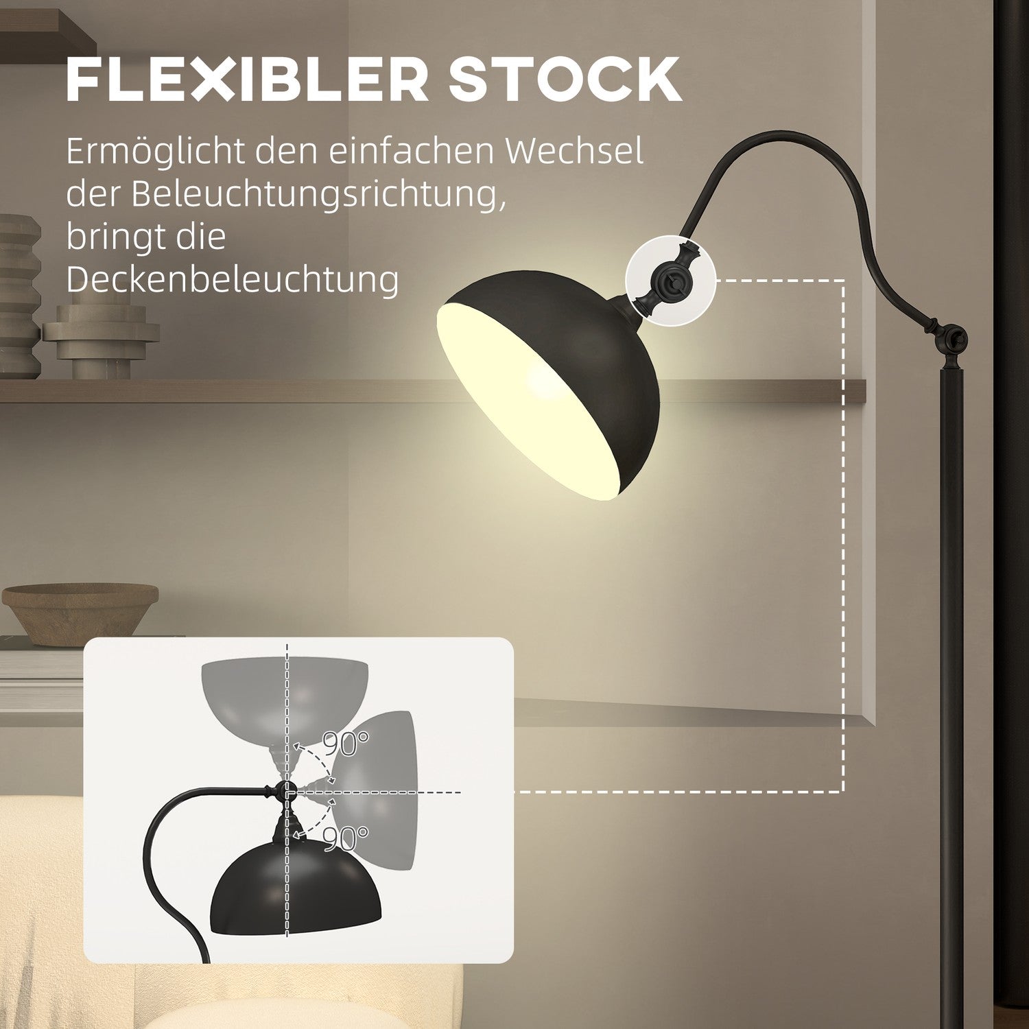 Černá kovová oblouková stojací lampa – nastavitelný stínidlo, retro design