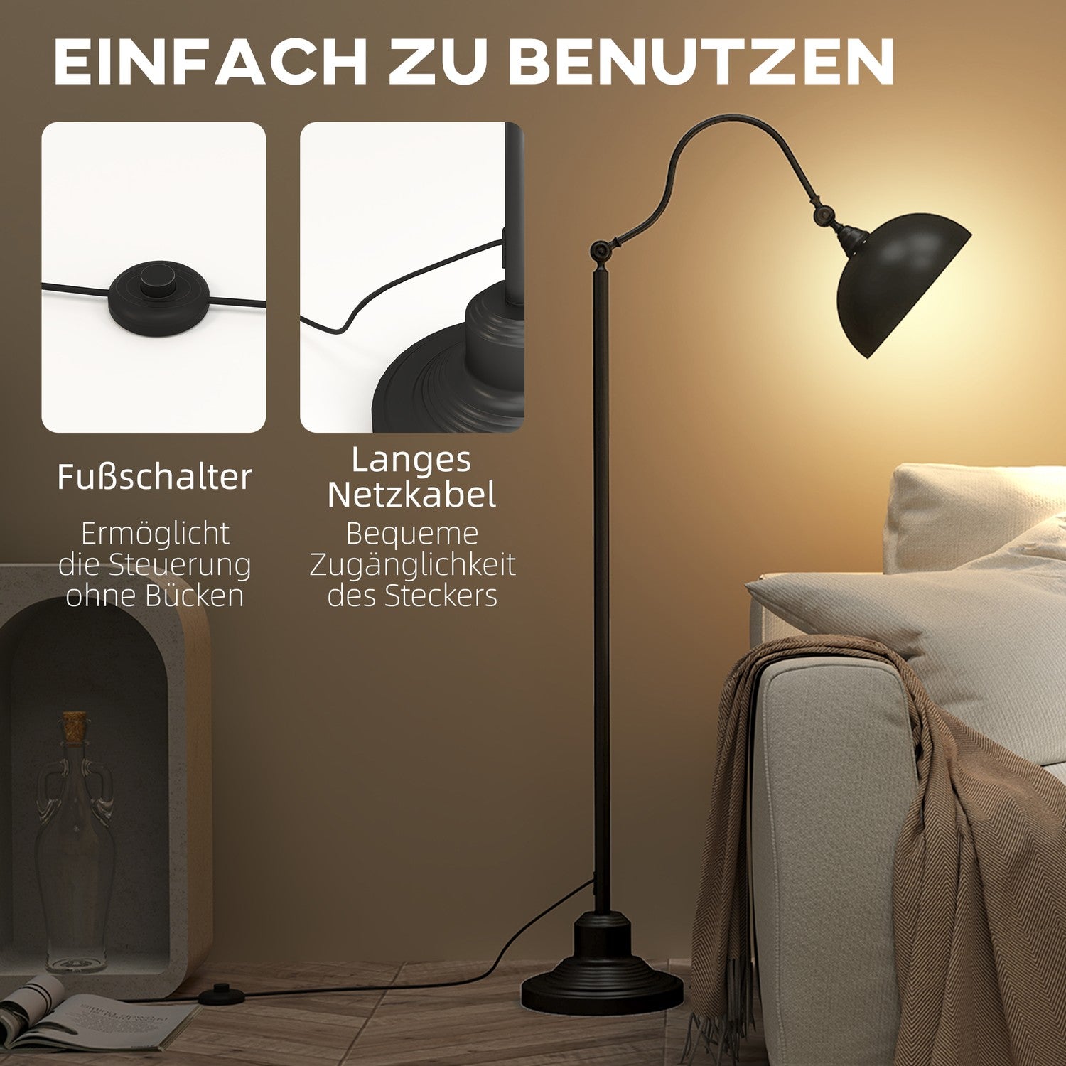 Černá kovová oblouková stojací lampa – nastavitelný stínidlo, retro design