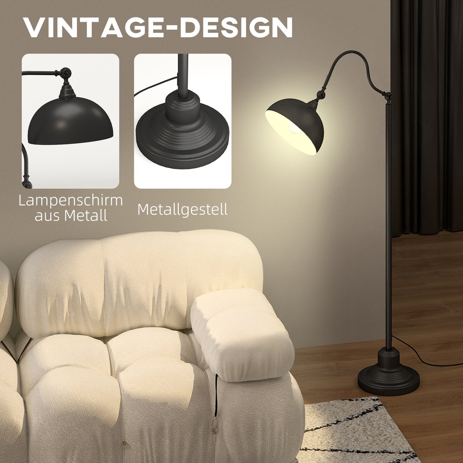 Černá kovová oblouková stojací lampa – nastavitelný stínidlo, retro design