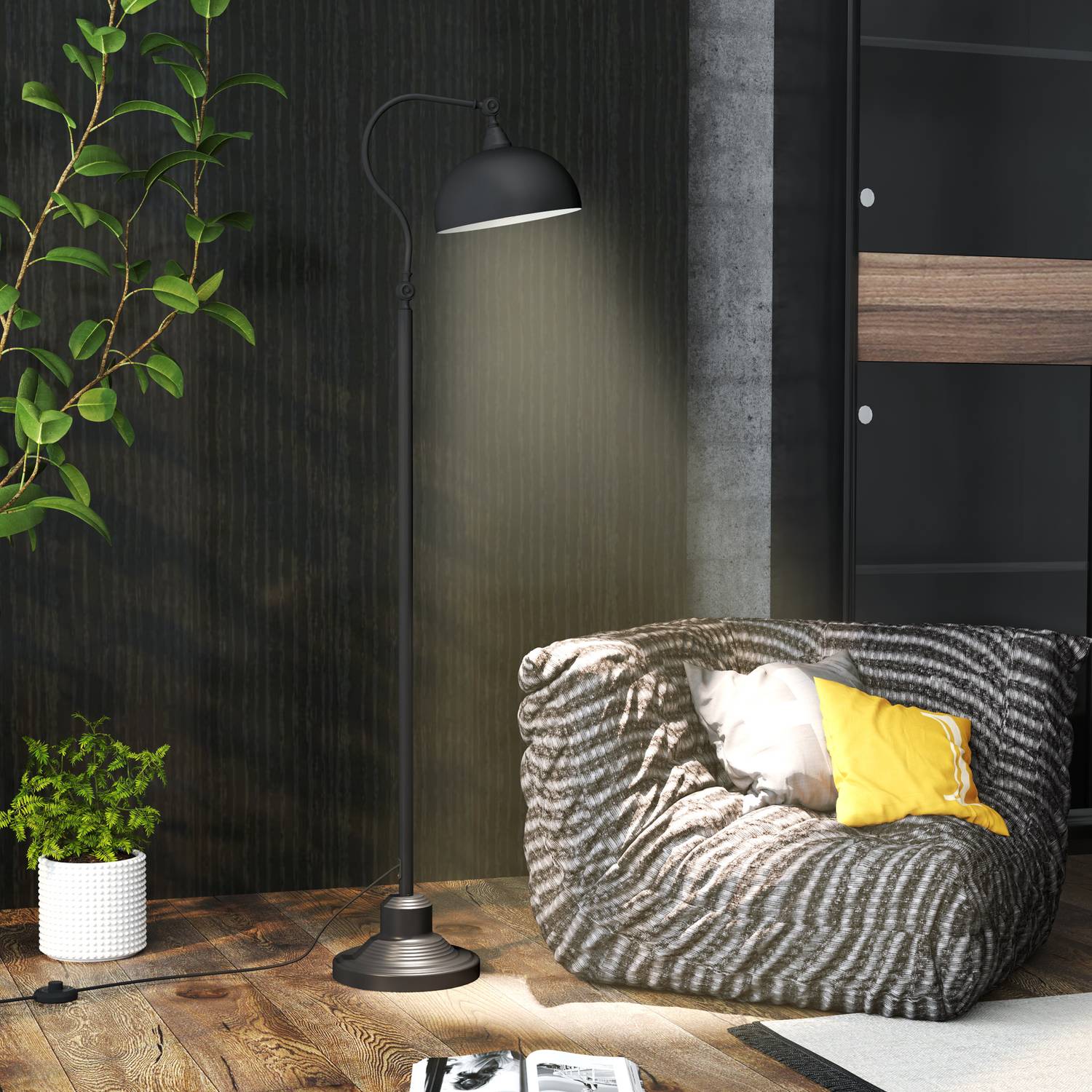 Černá kovová oblouková stojací lampa – nastavitelný stínidlo, retro design