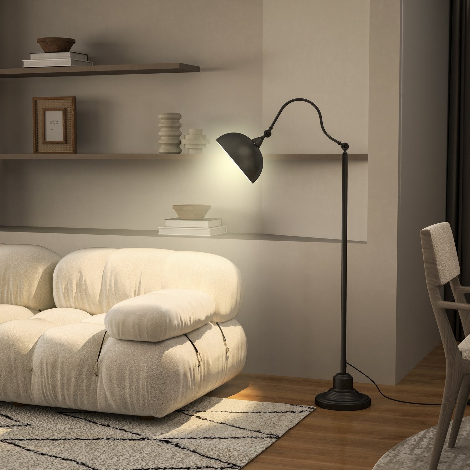 Černá kovová oblouková stojací lampa – nastavitelný stínidlo, retro design