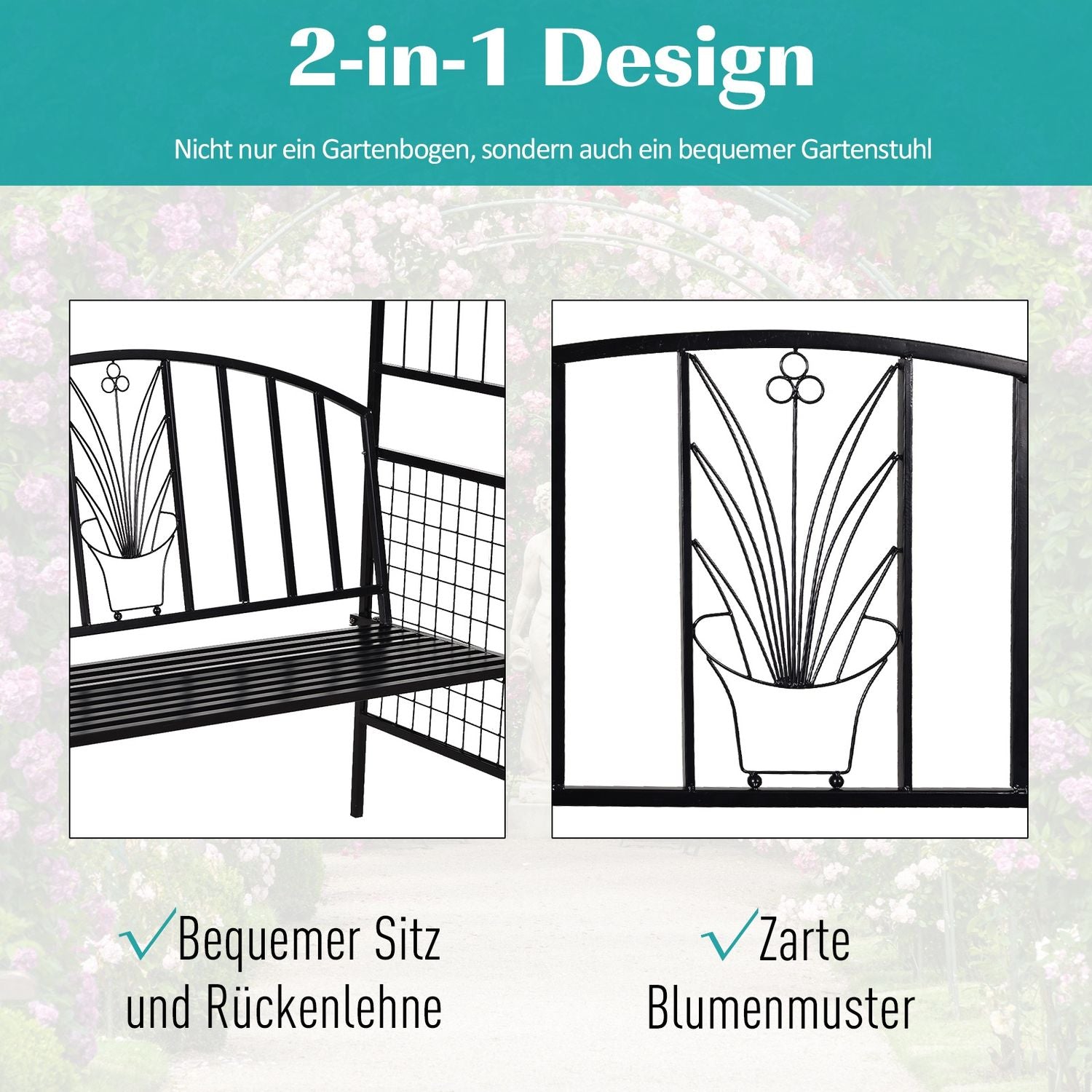 Black Metal Garden Arch med bänk – 154 x 60 x 205 cm