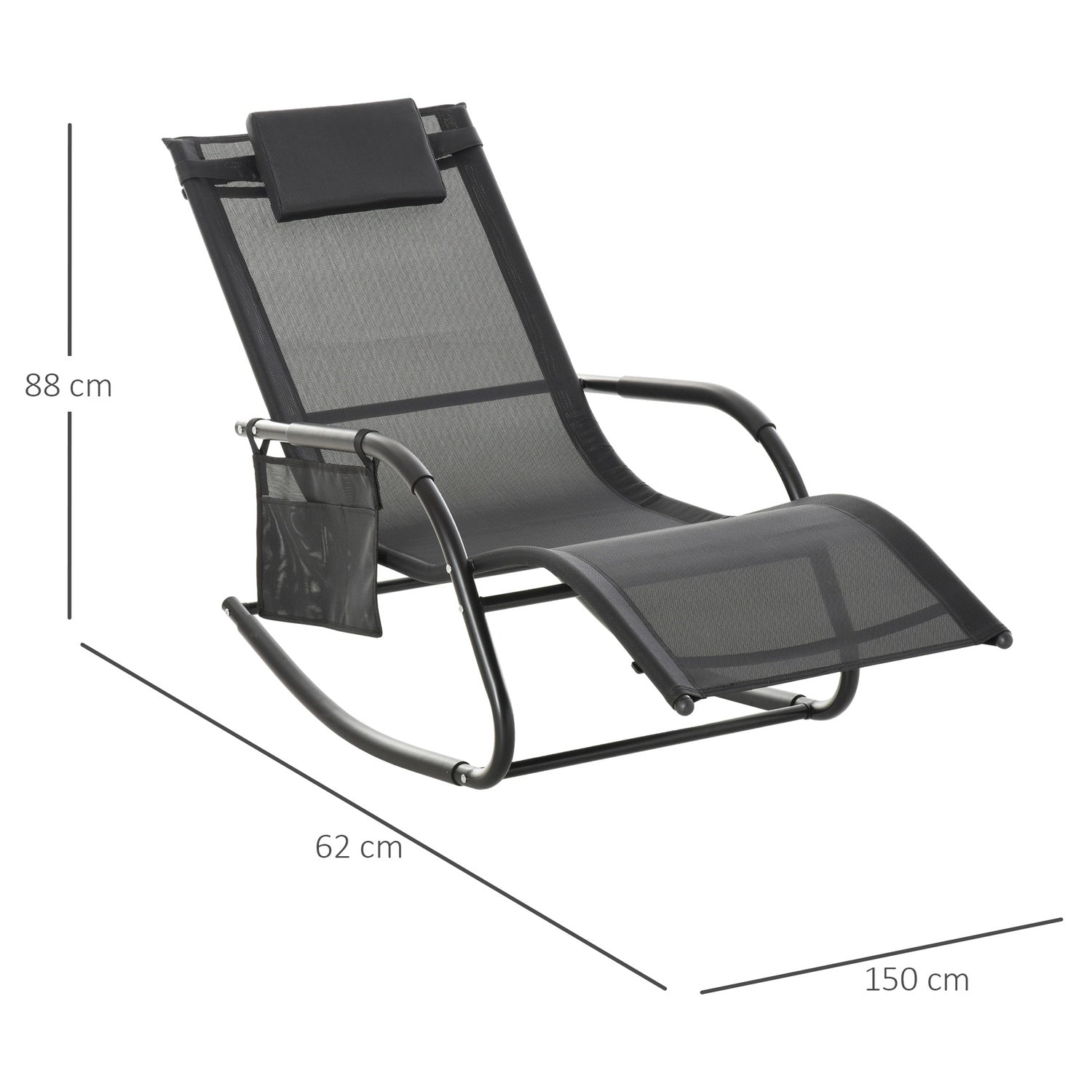 Black Metal Mesh Rocking Lounger, 150 x 62 x 88 cm