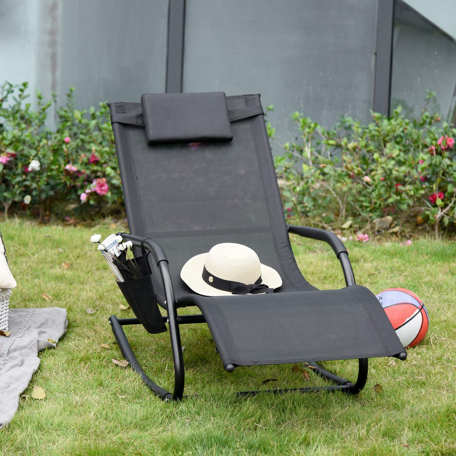 Black Metal Mesh Rocking Lounger, 150 x 62 x 88 cm