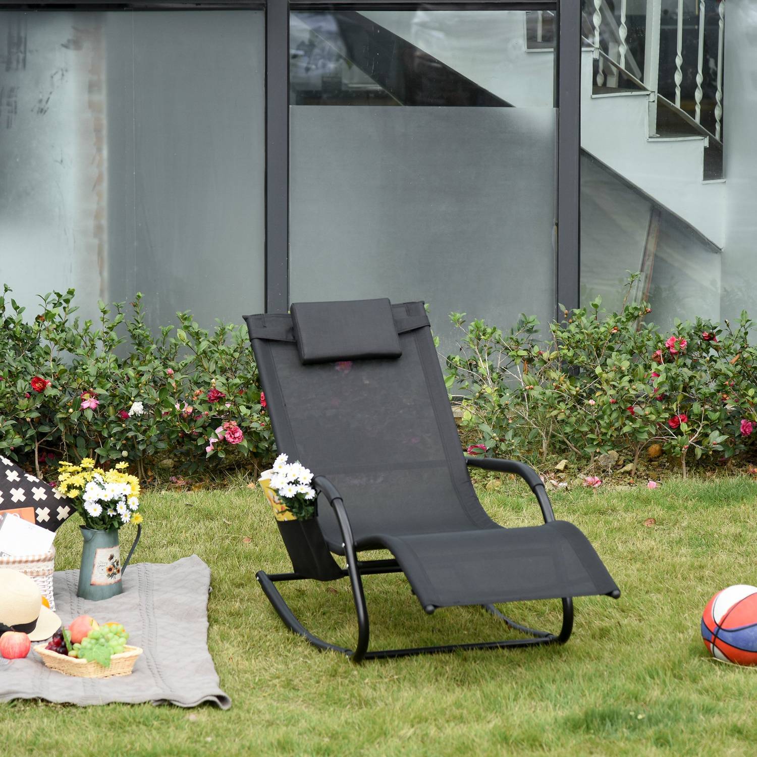 Black Metal Mesh Rocking Lounger, 150 x 62 x 88 cm