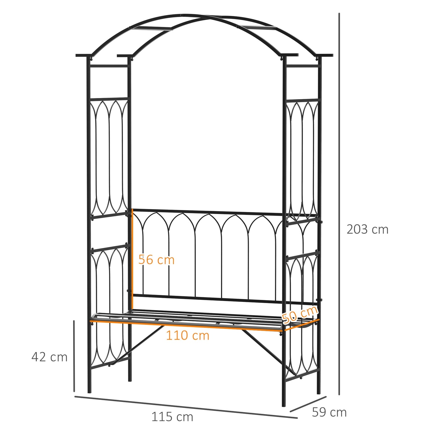 Black Metal Rose Arch Bänk – Trädgårdsspaljé, 115x50x203 cm