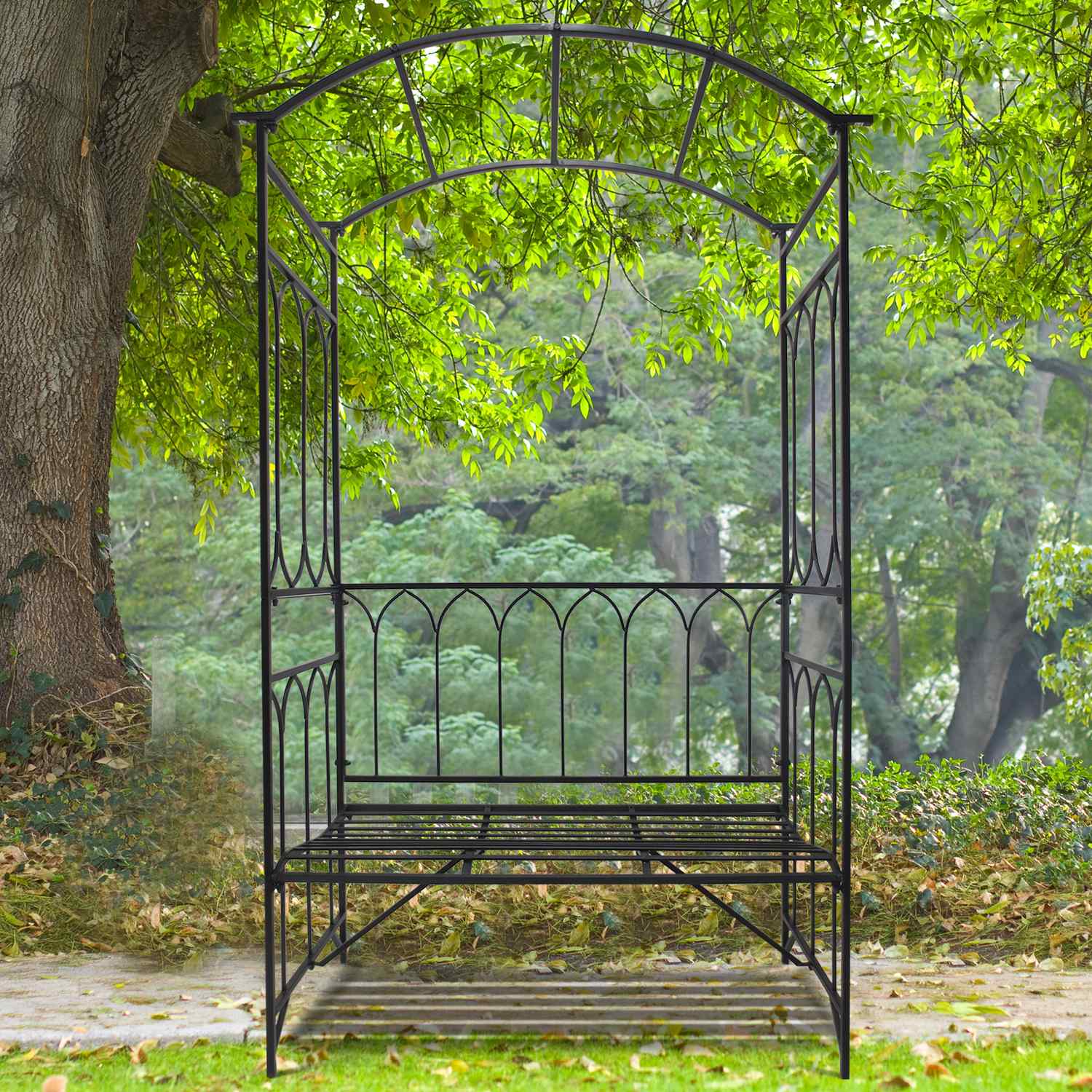 Black Metal Rose Arch Bänk – Trädgårdsspaljé, 115x50x203 cm
