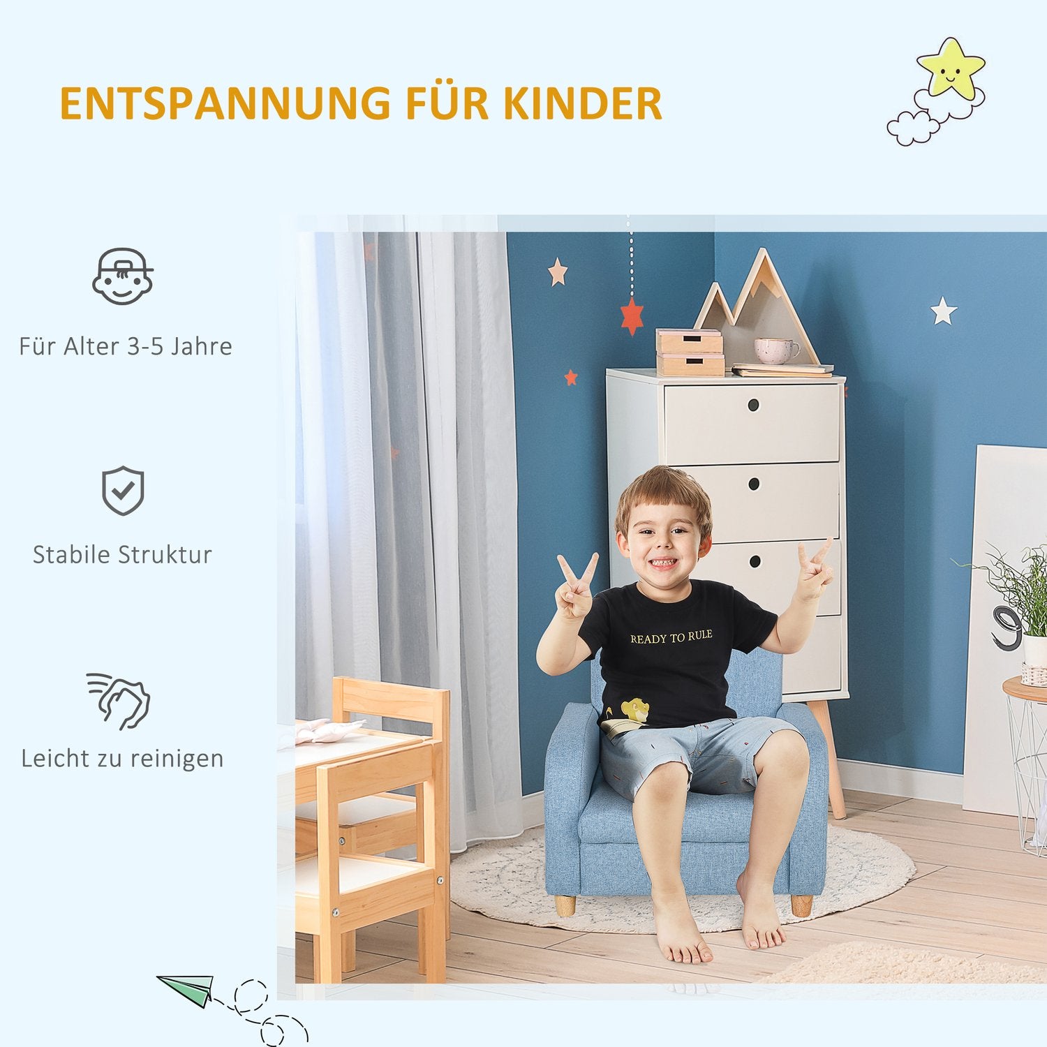 Blå fåtöljssoffa för barn med kudde, halkfria fötter