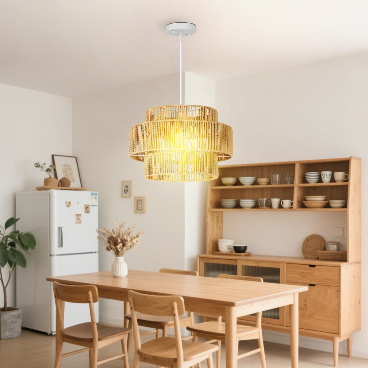 Závěsné světlo z konopného provazu v boho stylu – E27, světle hnědé, do kuchyně/jídelny