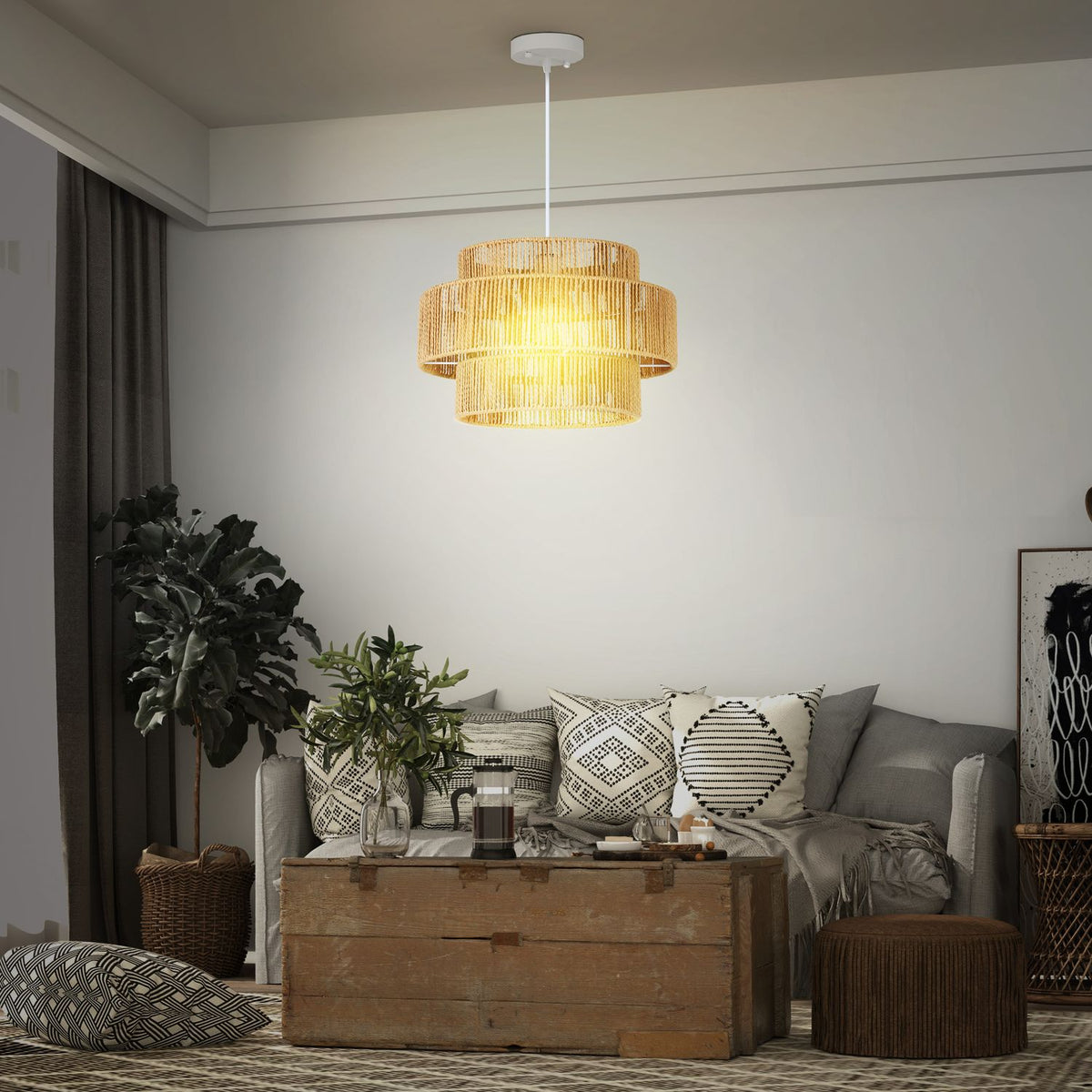 Závěsné světlo z konopného provazu v boho stylu – E27, světle hnědé, do kuchyně/jídelny