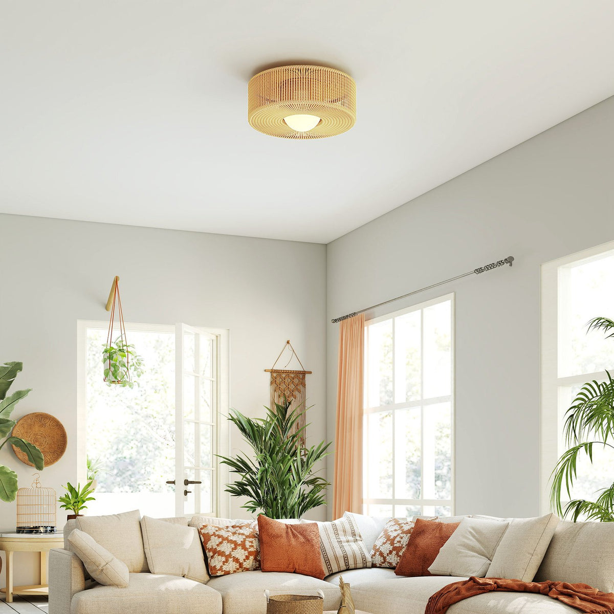 Stropní lampa v boho stylu s ratanovým stínidlem, G9 LED, 30 cm