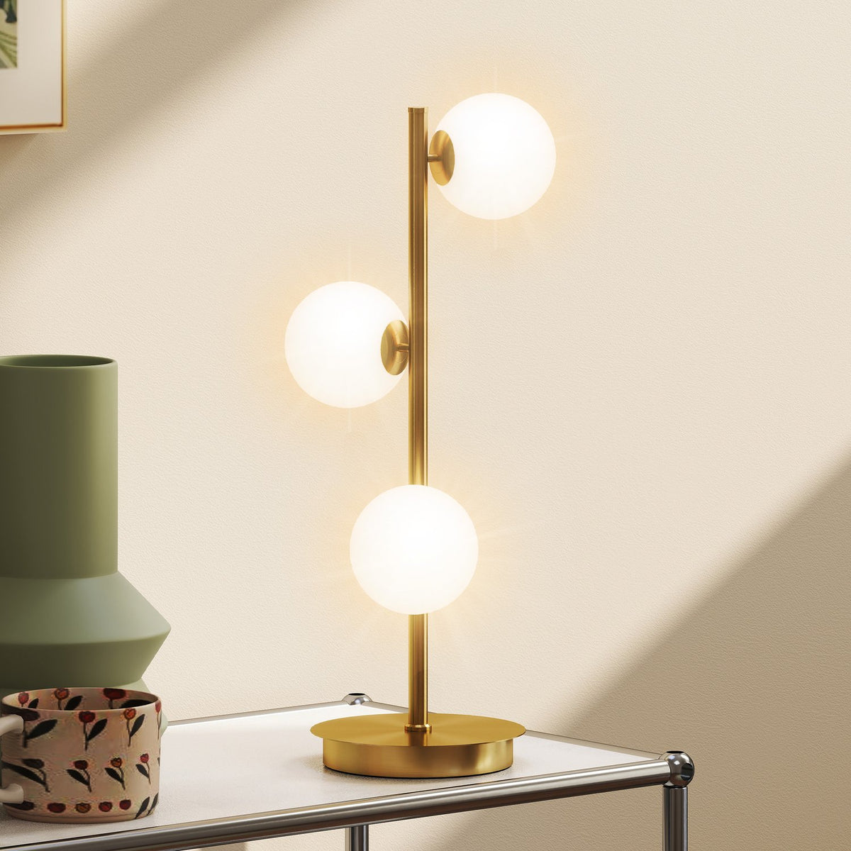 Stolní lampa se 3 koulemi, mosazný povrch, patice G9, 53 cm