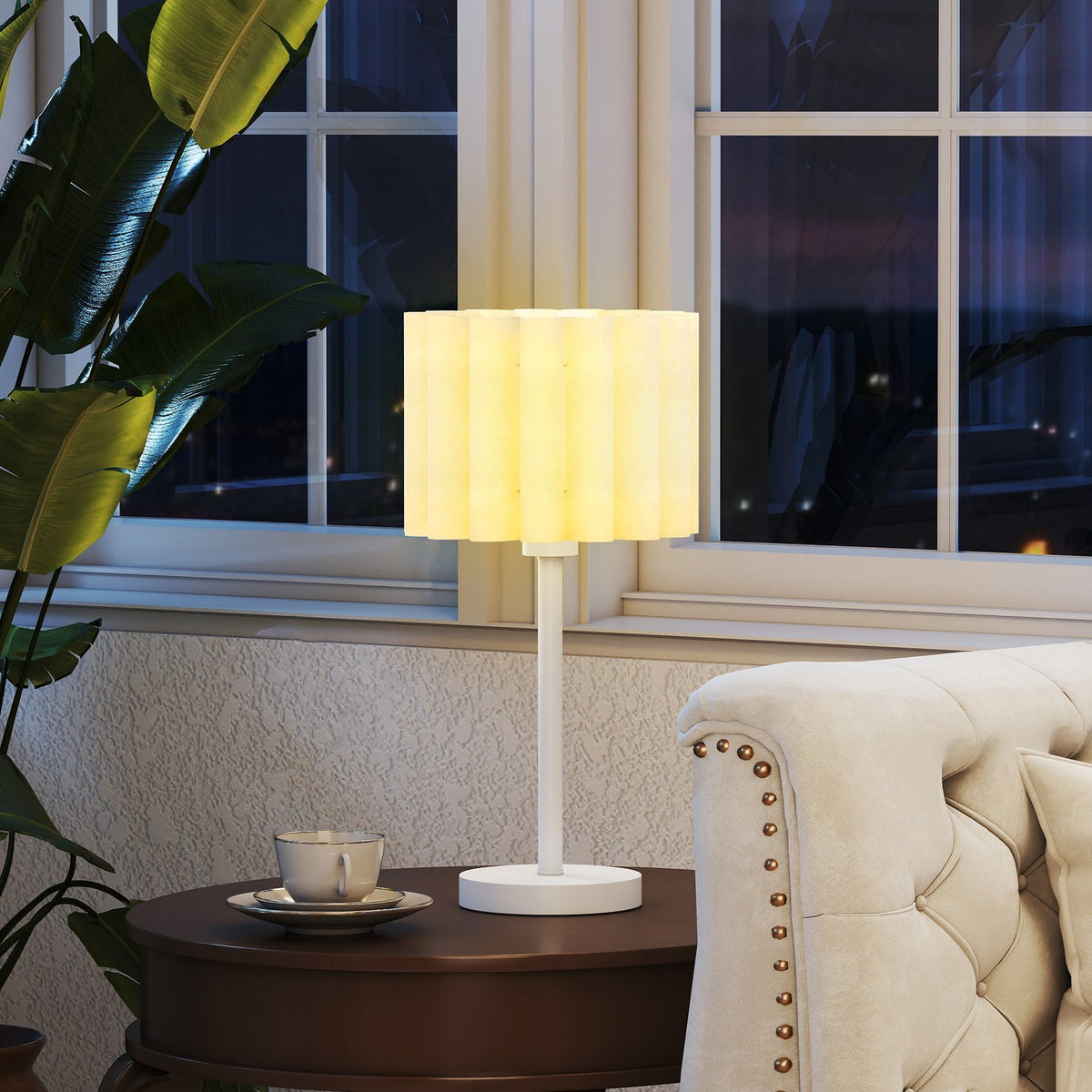 Stolní lampa v retro stylu, bílé plastové stínidlo, objímka E27