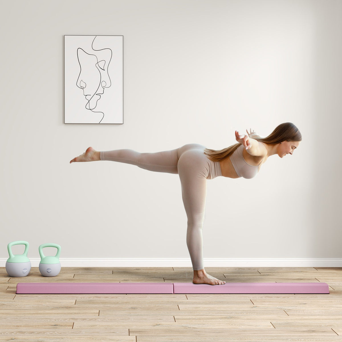 Přenosná růžová protiskluzová gymnastická kladina 236 cm pro děti