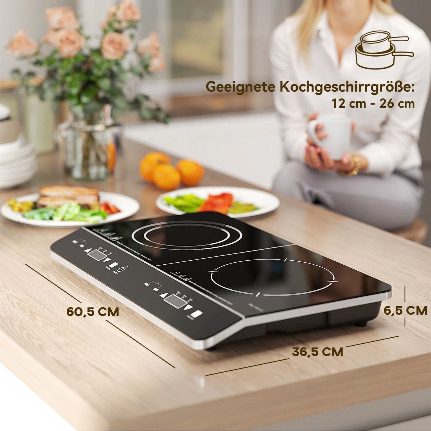Přenosná dvouzónová indukční varná deska, 8 úrovní výkonu, 3500W