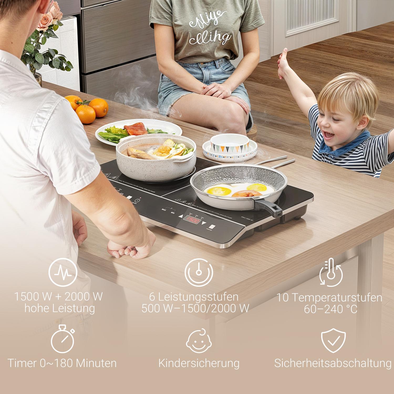 Přenosná dvouzónová indukční varná deska, 8 úrovní výkonu, 3500W
