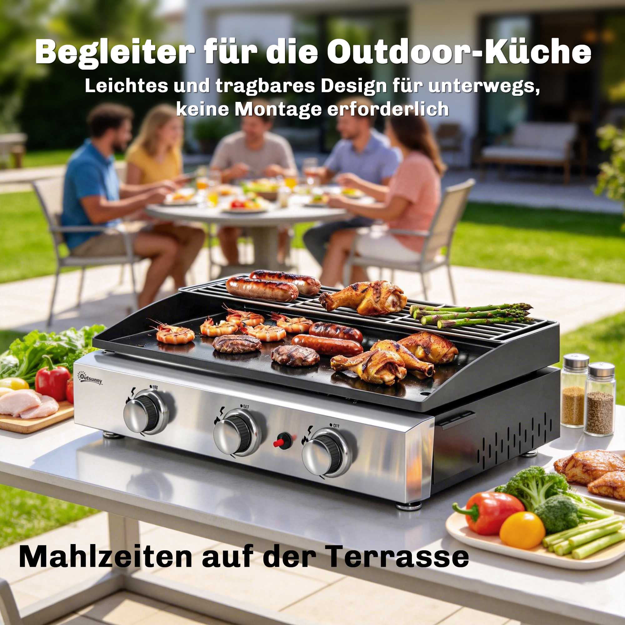 Bärbar gasgrill med 3 brännare och keramisk beläggning