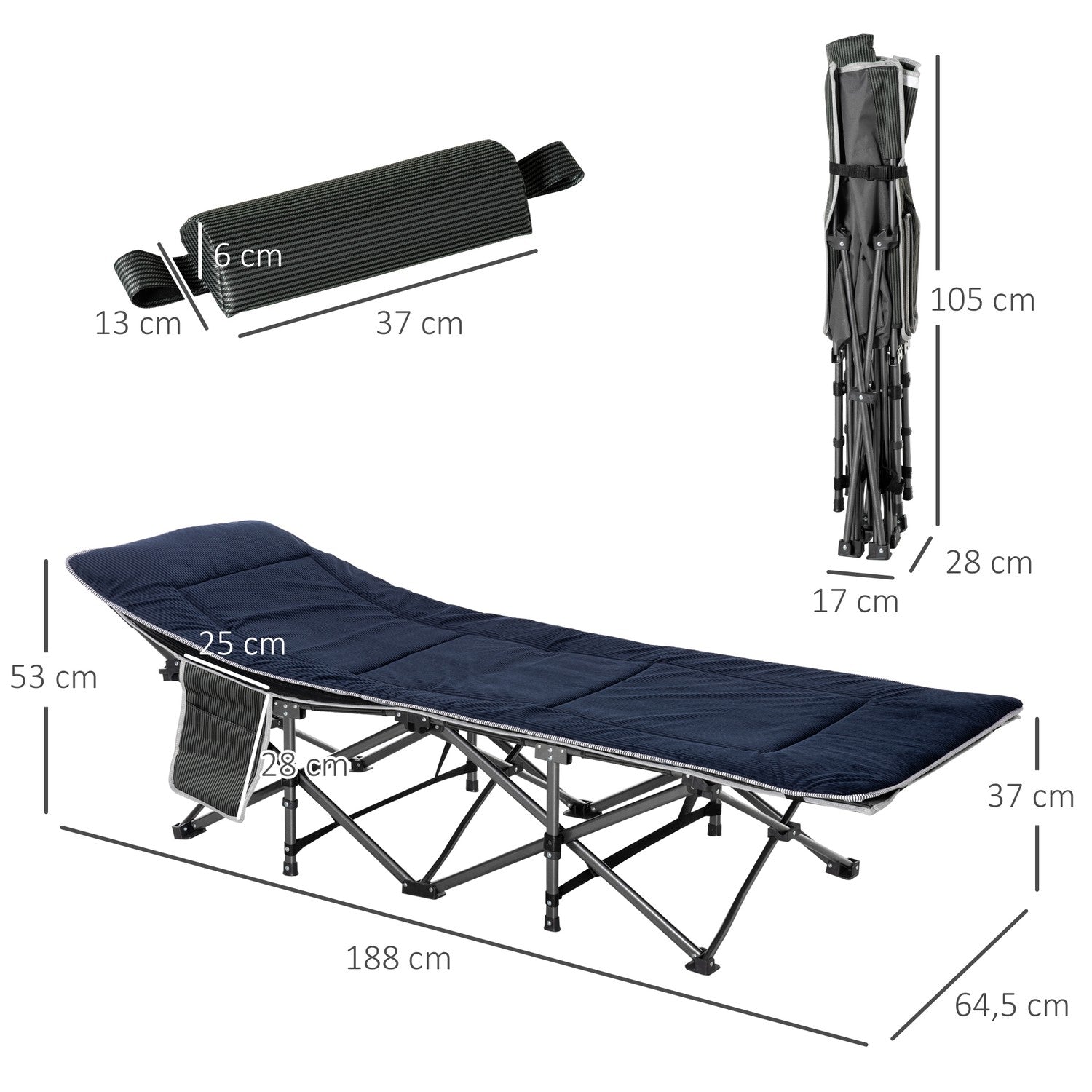 Bärbar hopfällbar campingsäng med kudde och sidoficka