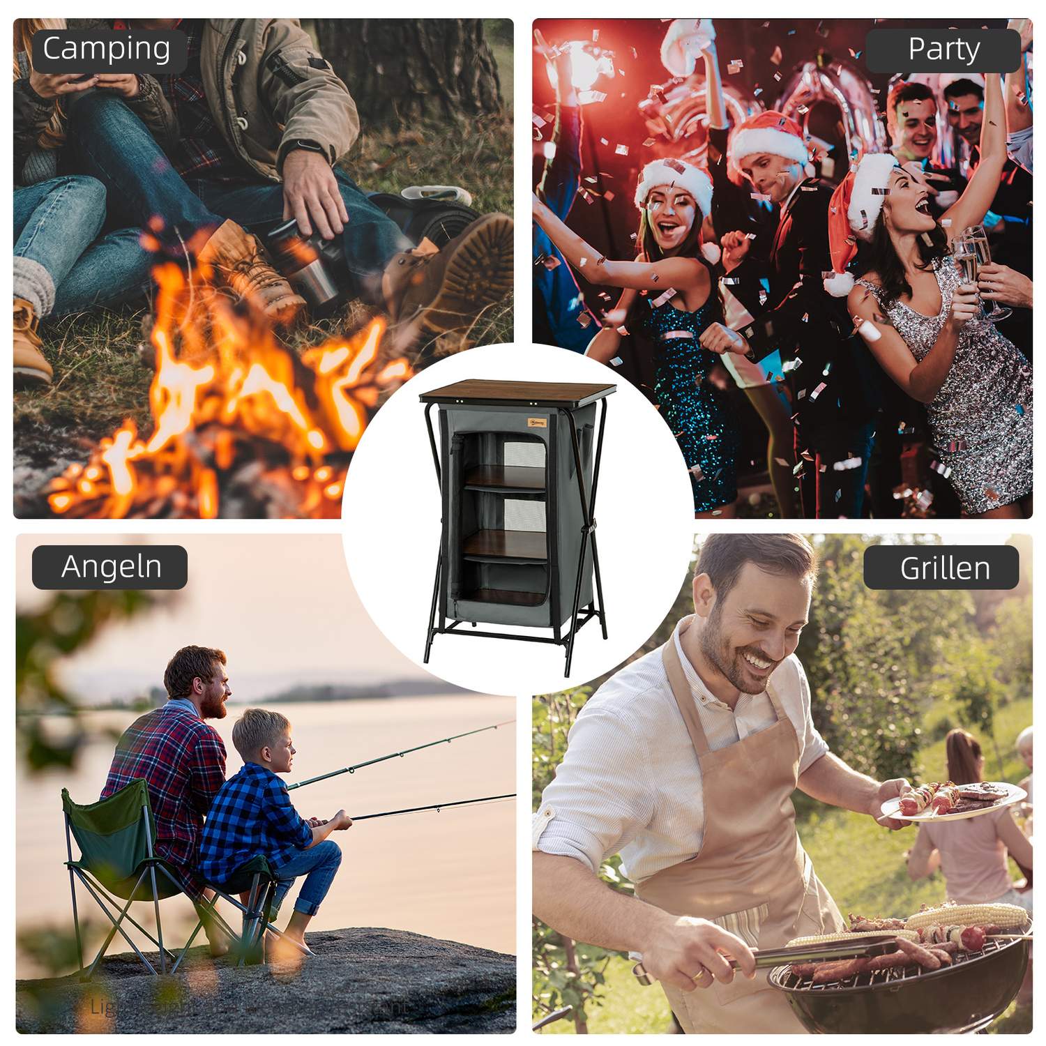Přenosná skládací kempingová kuchyňka s policemi – tmavě šedá