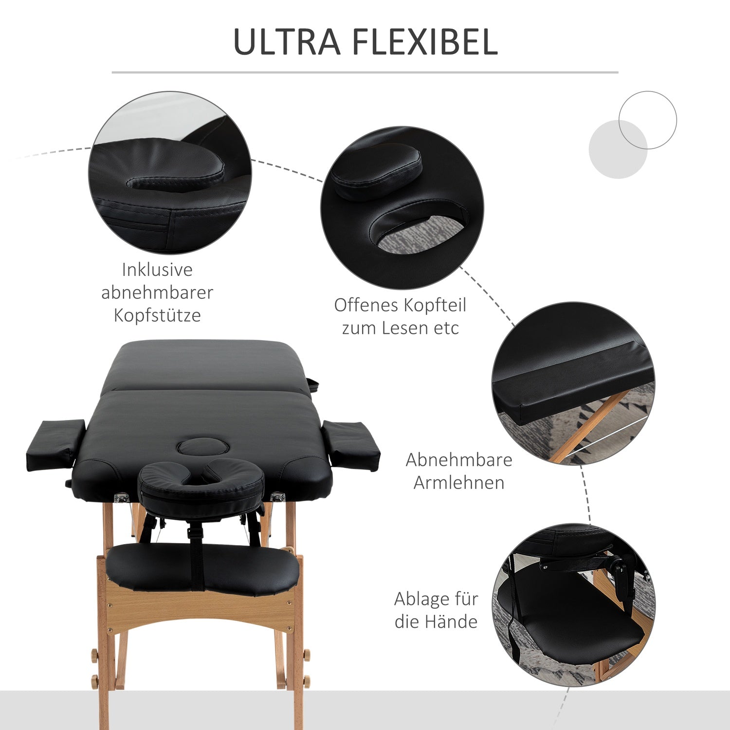 Bärbart hopfällbart massagebord, justerbar höjd, svart